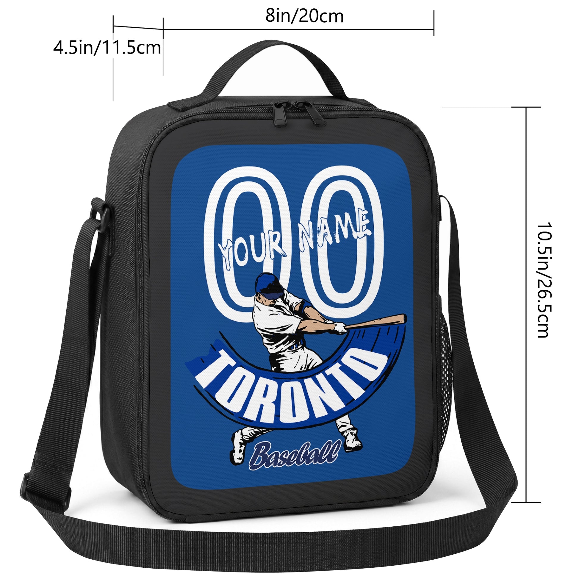 Toronto personalized baseball lunch bag size guide showing 8 inch width 4.5 inch depth and 10.5 inch height