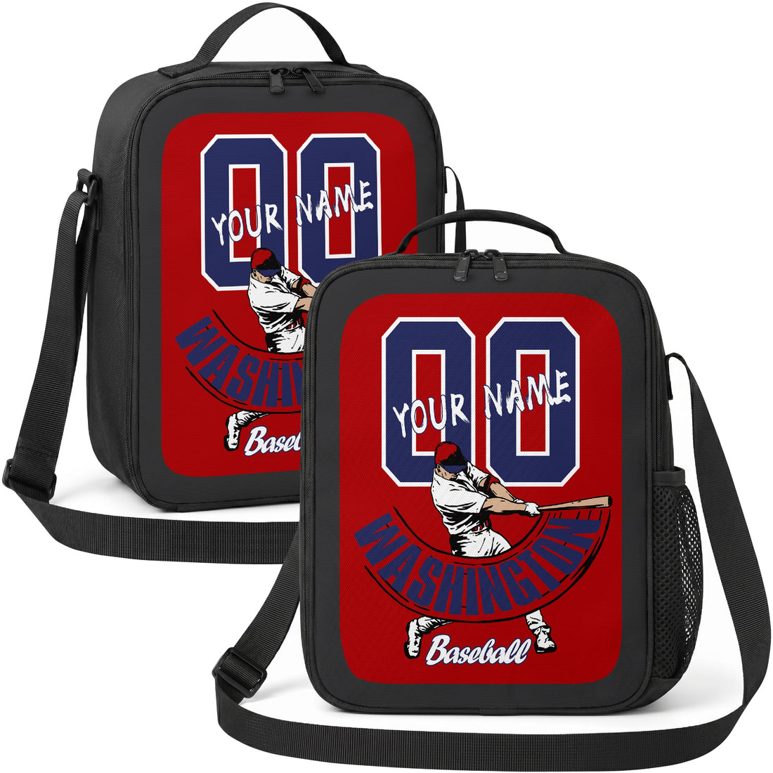 Washington personalized batter graphic baseball lunch bag in red navy and white showing front and angled views with custom name and number