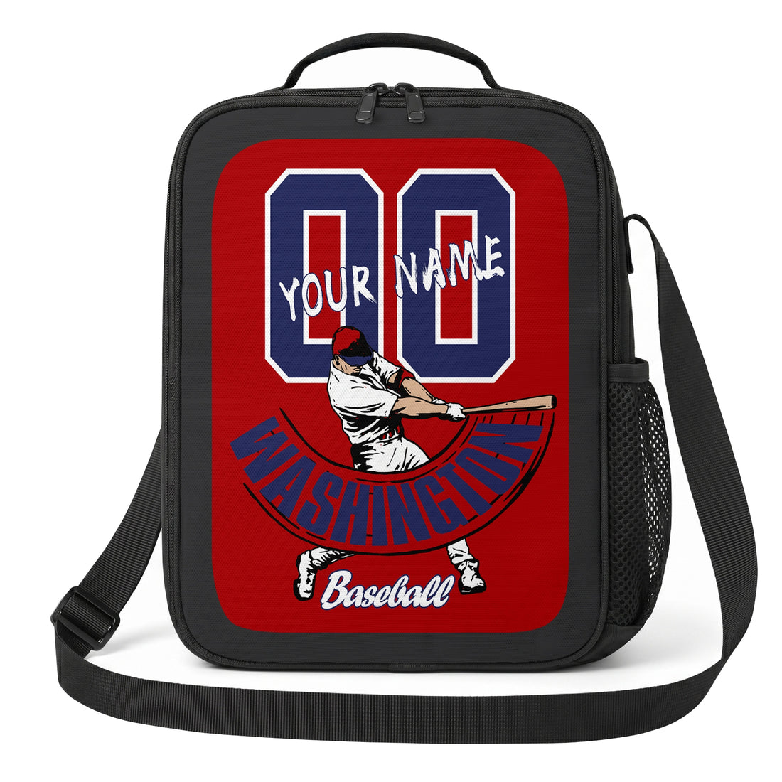 Washington personalized batter graphic baseball lunch bag in red navy and white showing front and angled views with custom name and number