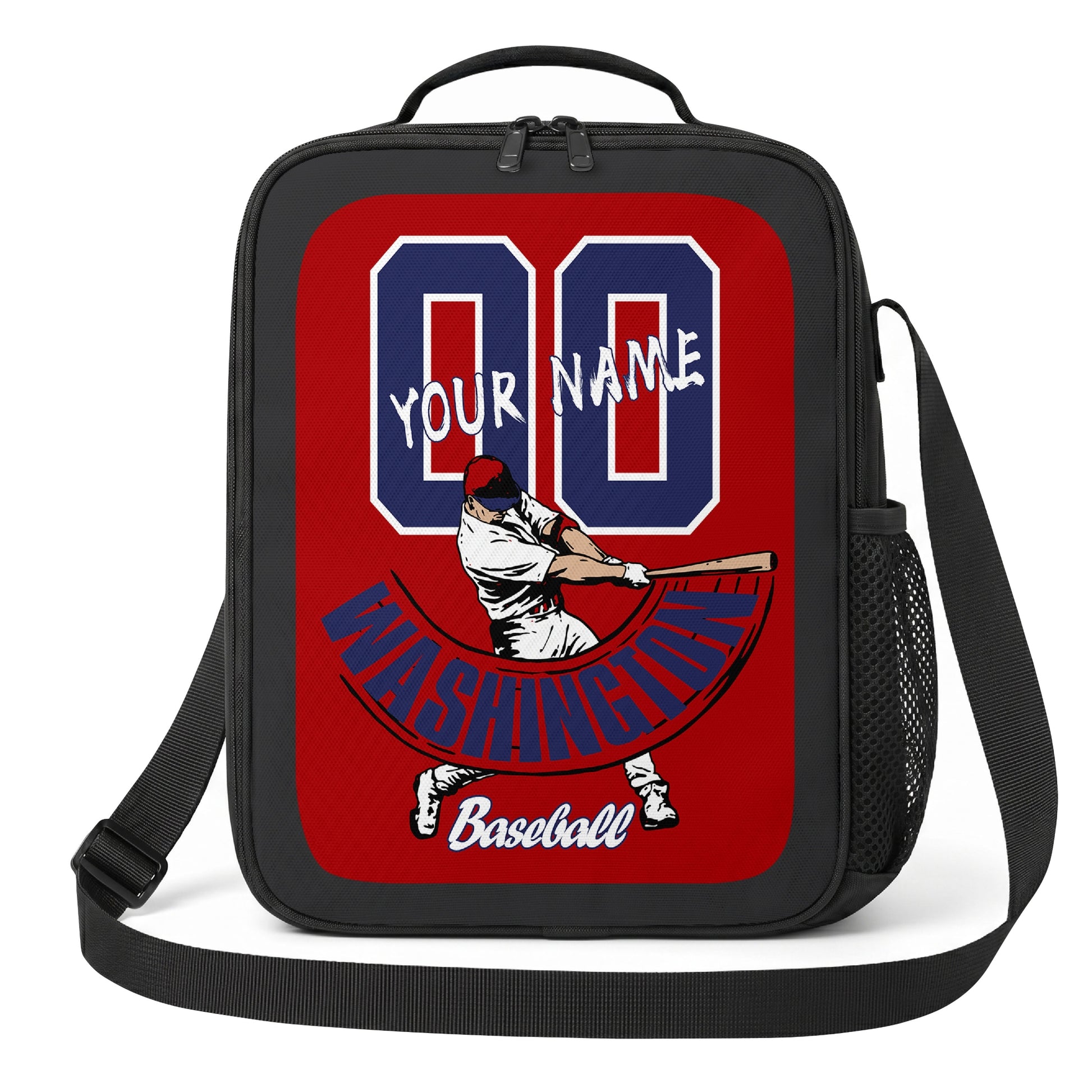 Washington personalized baseball lunch bag front view in red navy and white with swinging batter graphic custom name and jersey number