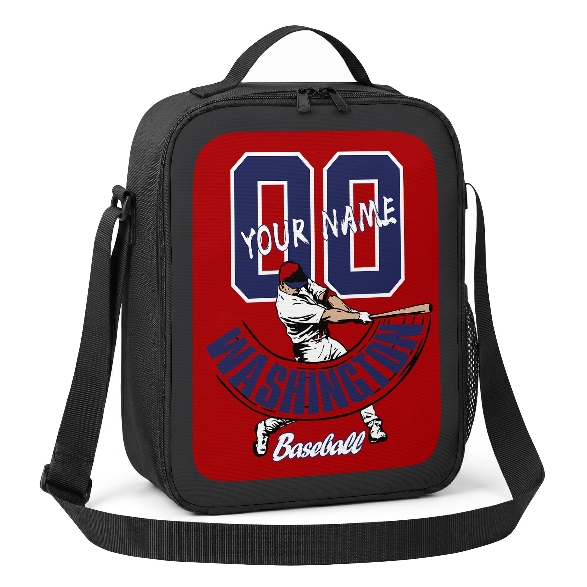 Washington personalized batter baseball lunch bag angled view with top handle shoulder strap and side mesh pocket