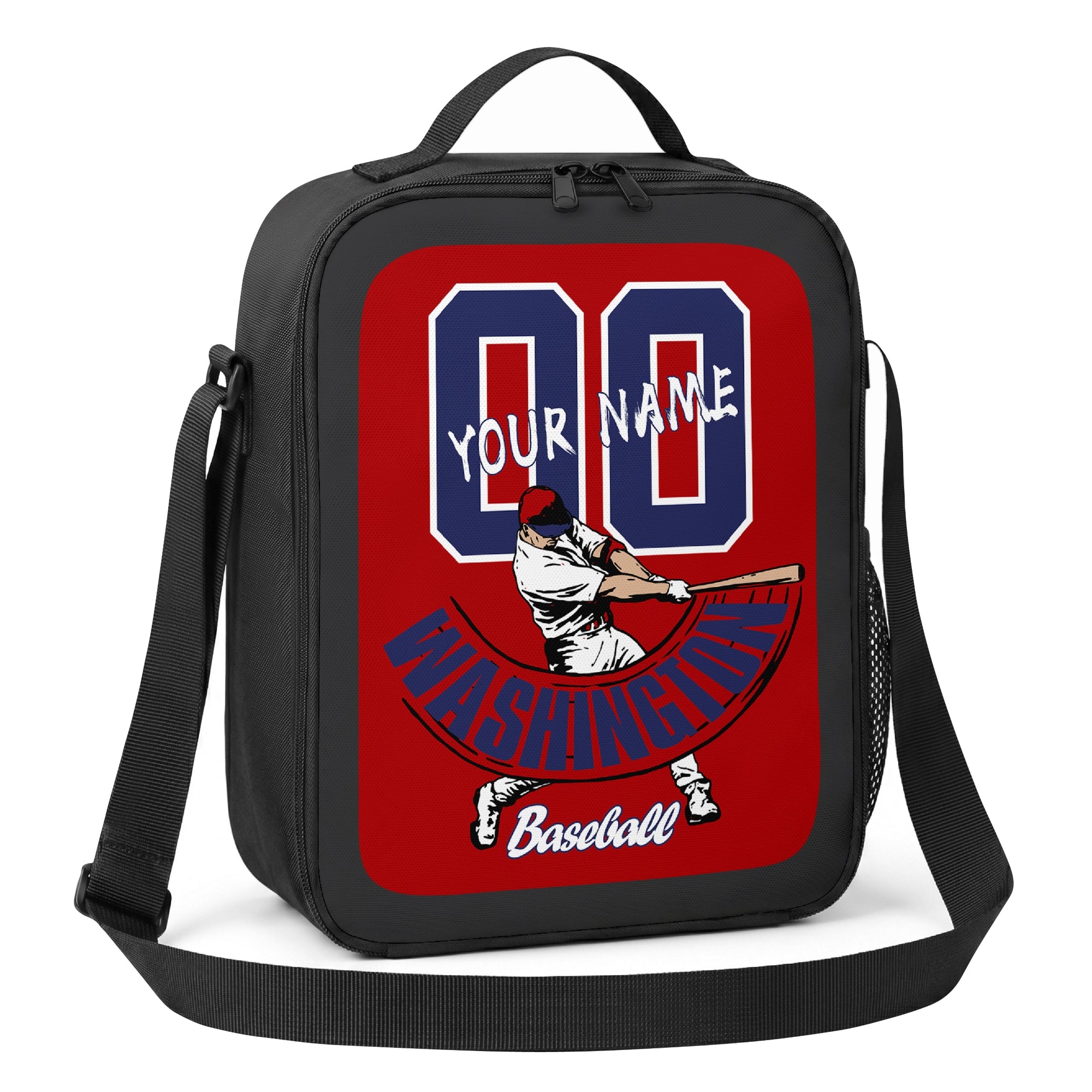 Washington personalized batter baseball lunch bag angled view with top handle shoulder strap and side mesh pocket