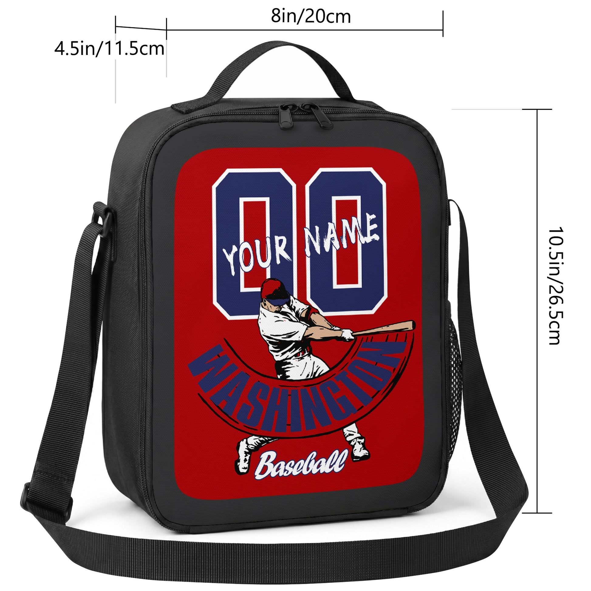 Washington personalized baseball lunch bag size guide showing 8 inch width 4.5 inch depth and 10.5 inch height
