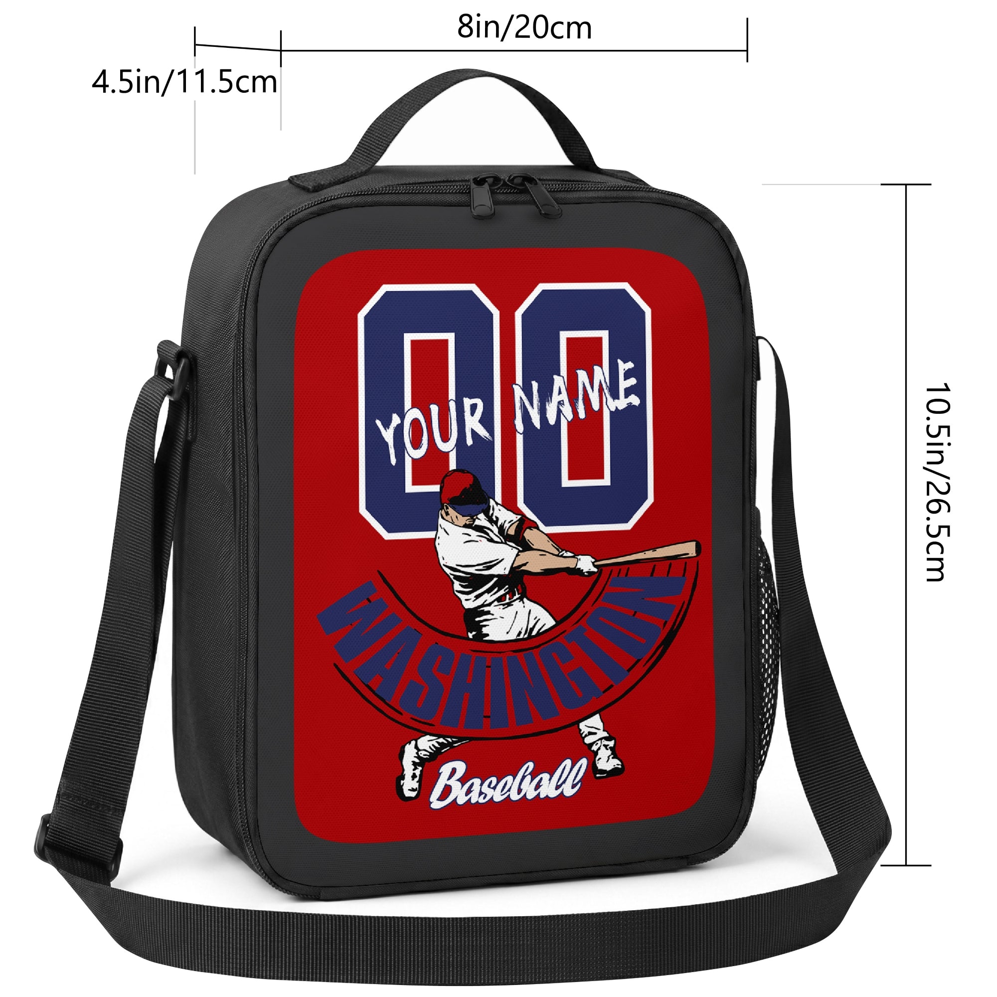 Washington personalized baseball lunch bag size guide showing 8 inch width 4.5 inch depth and 10.5 inch height