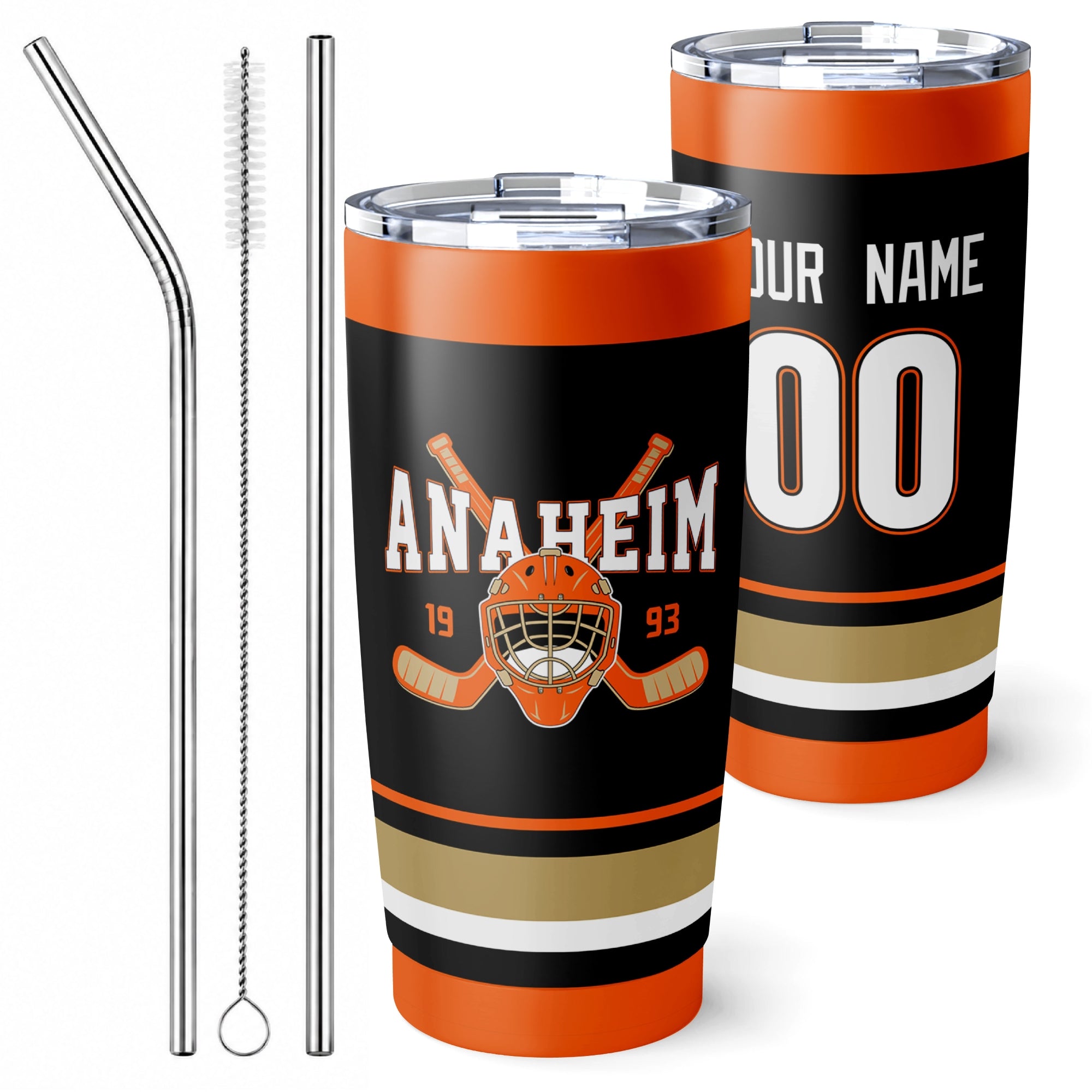 Personalized Anaheim hockey tumbler in Black city-color style with reusable straws and cleaning brush