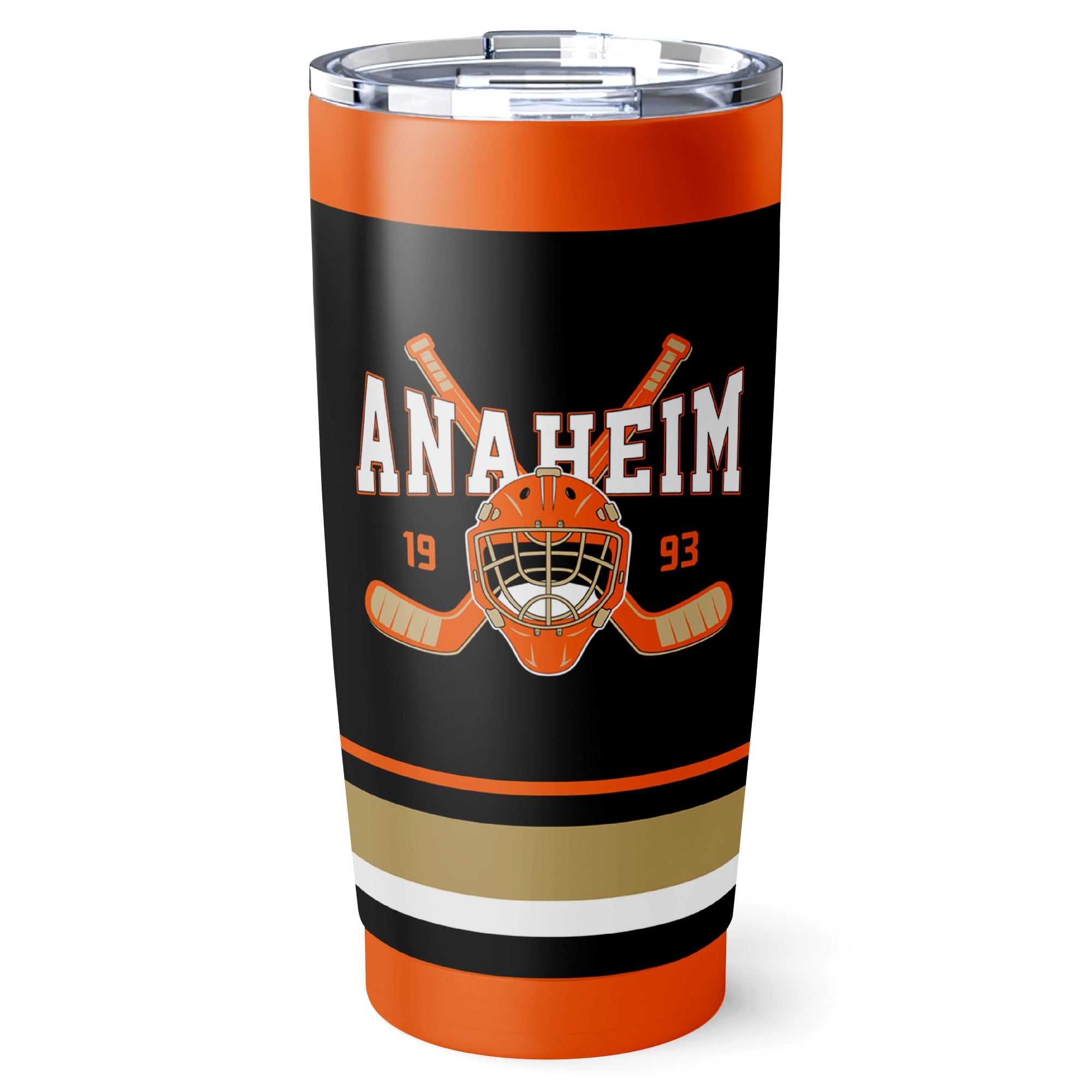 Anaheim hockey tumbler front design in Black city-color style