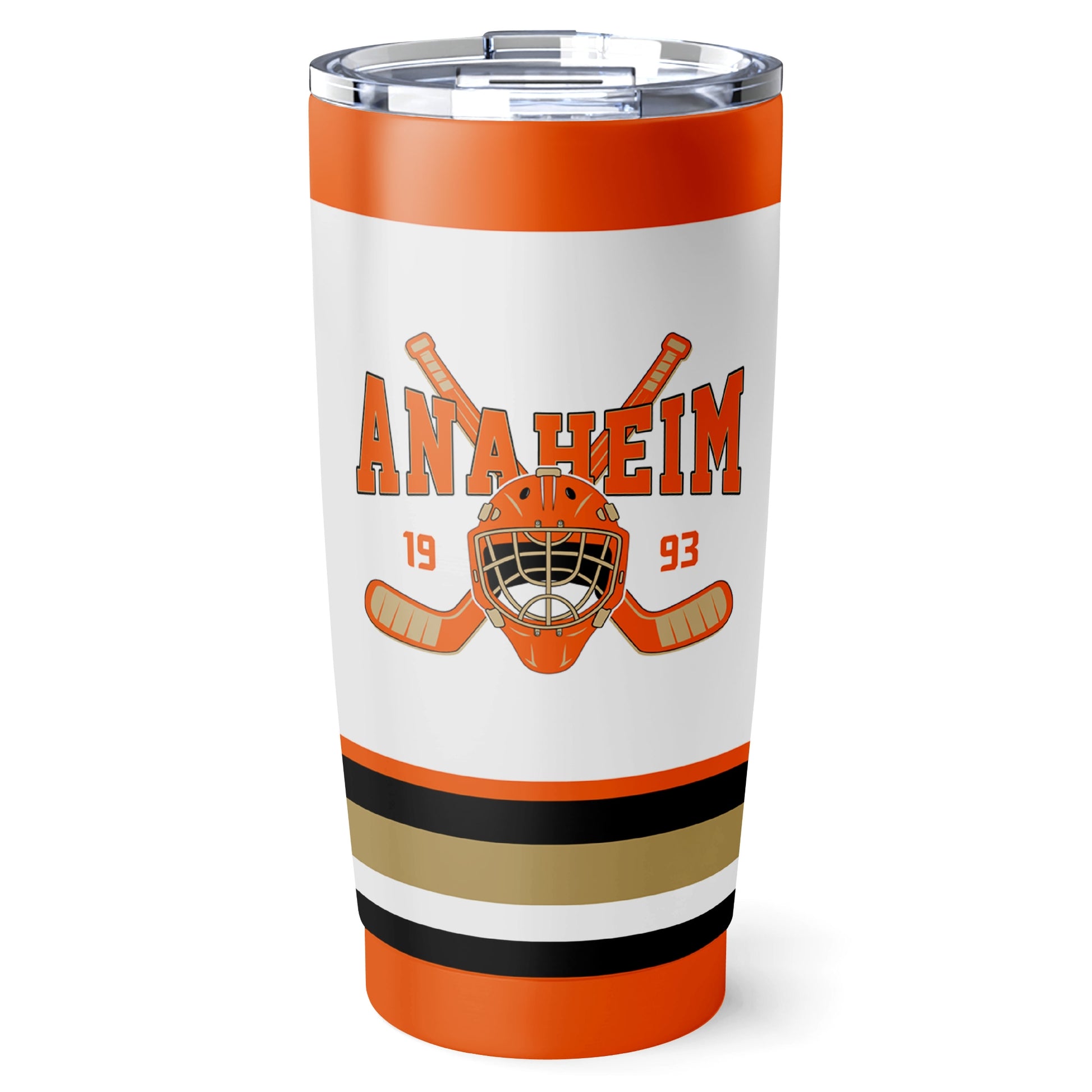 Anaheim hockey tumbler front design in White city-color style