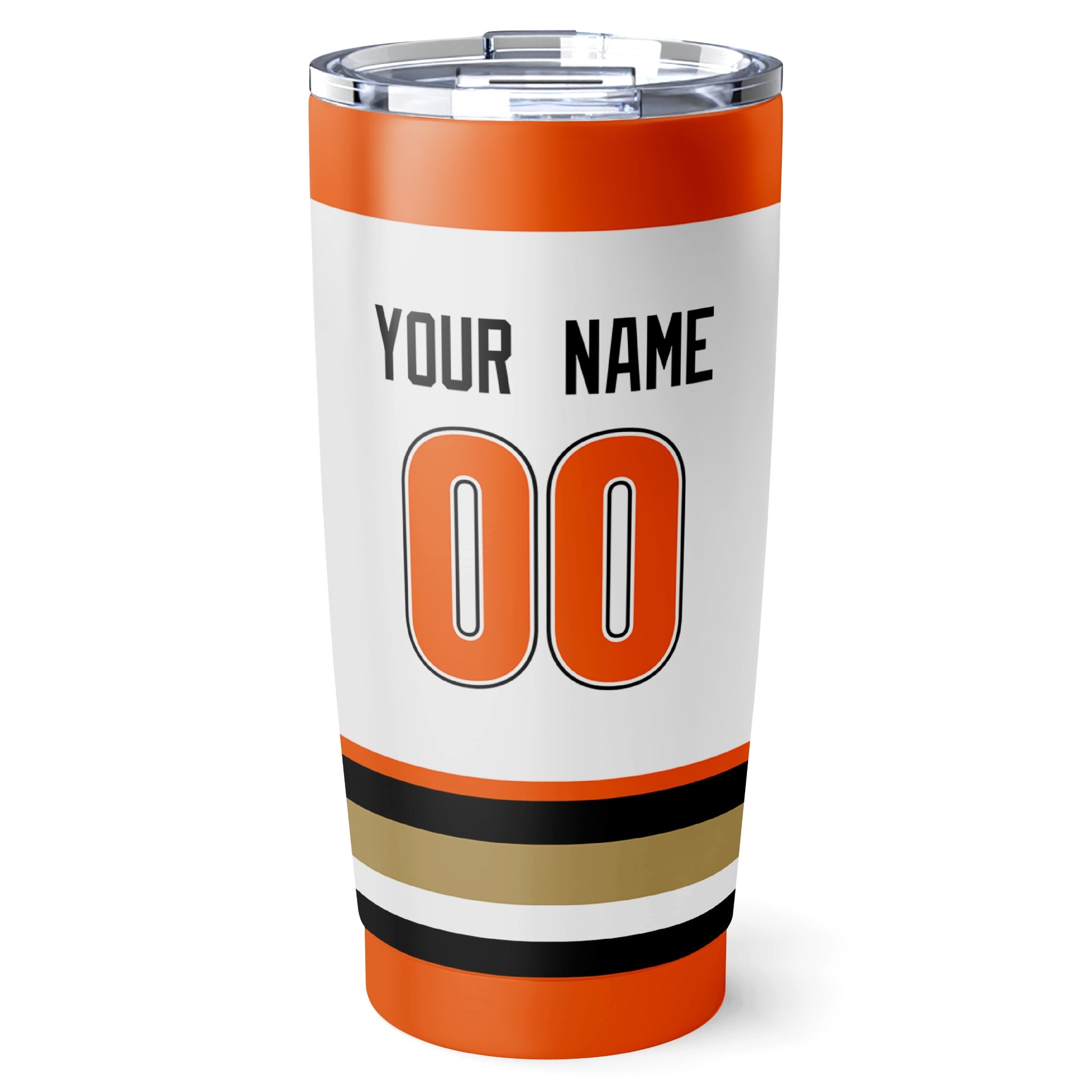 Anaheim hockey tumbler back design in White city-color style with custom name and number