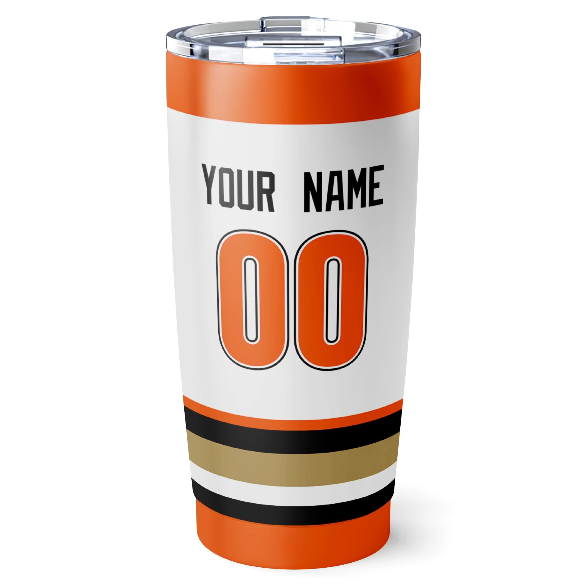 Anaheim hockey tumbler back design in White city-color style with custom name and number