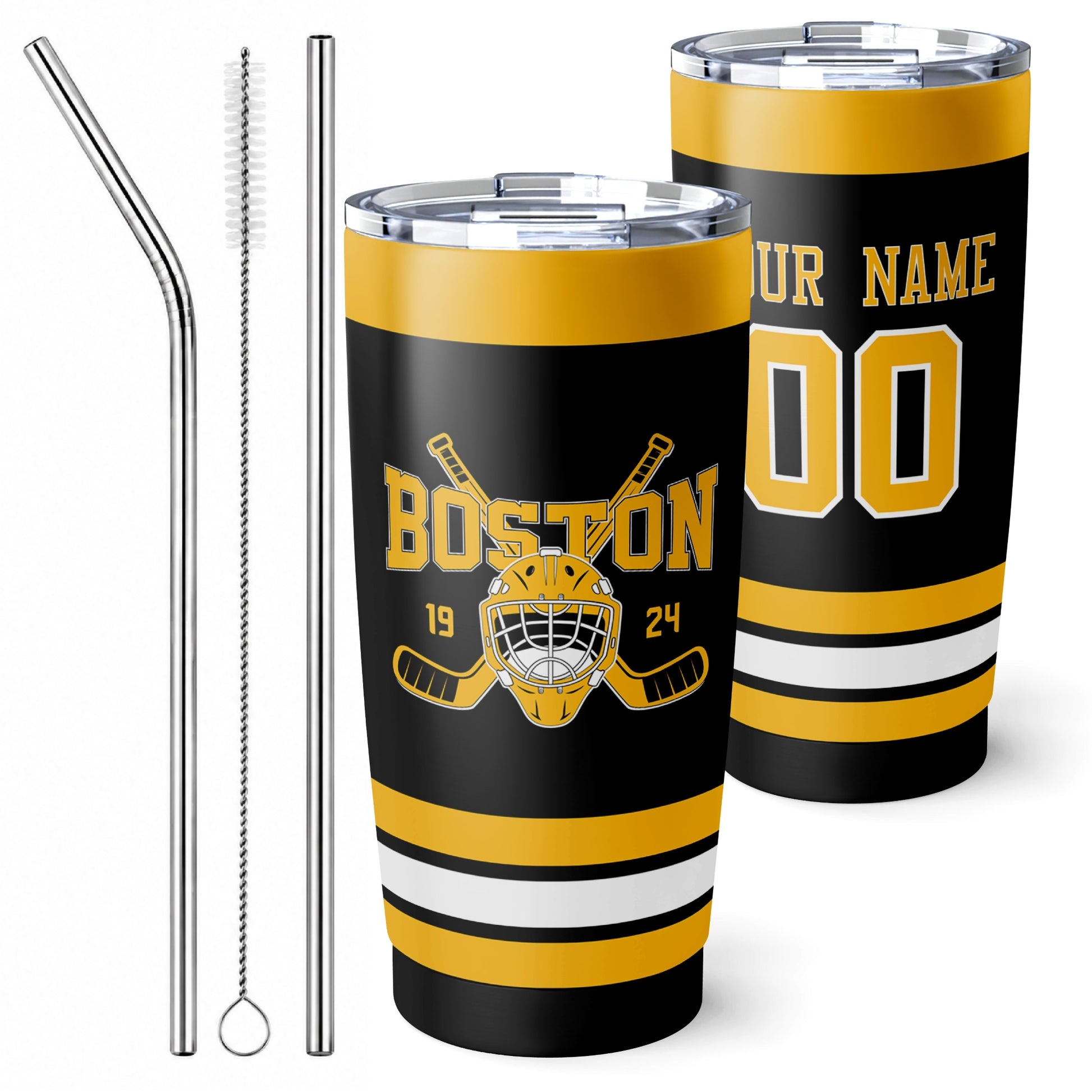 Personalized Boston hockey tumbler in Black city-color style with reusable straws and cleaning brush