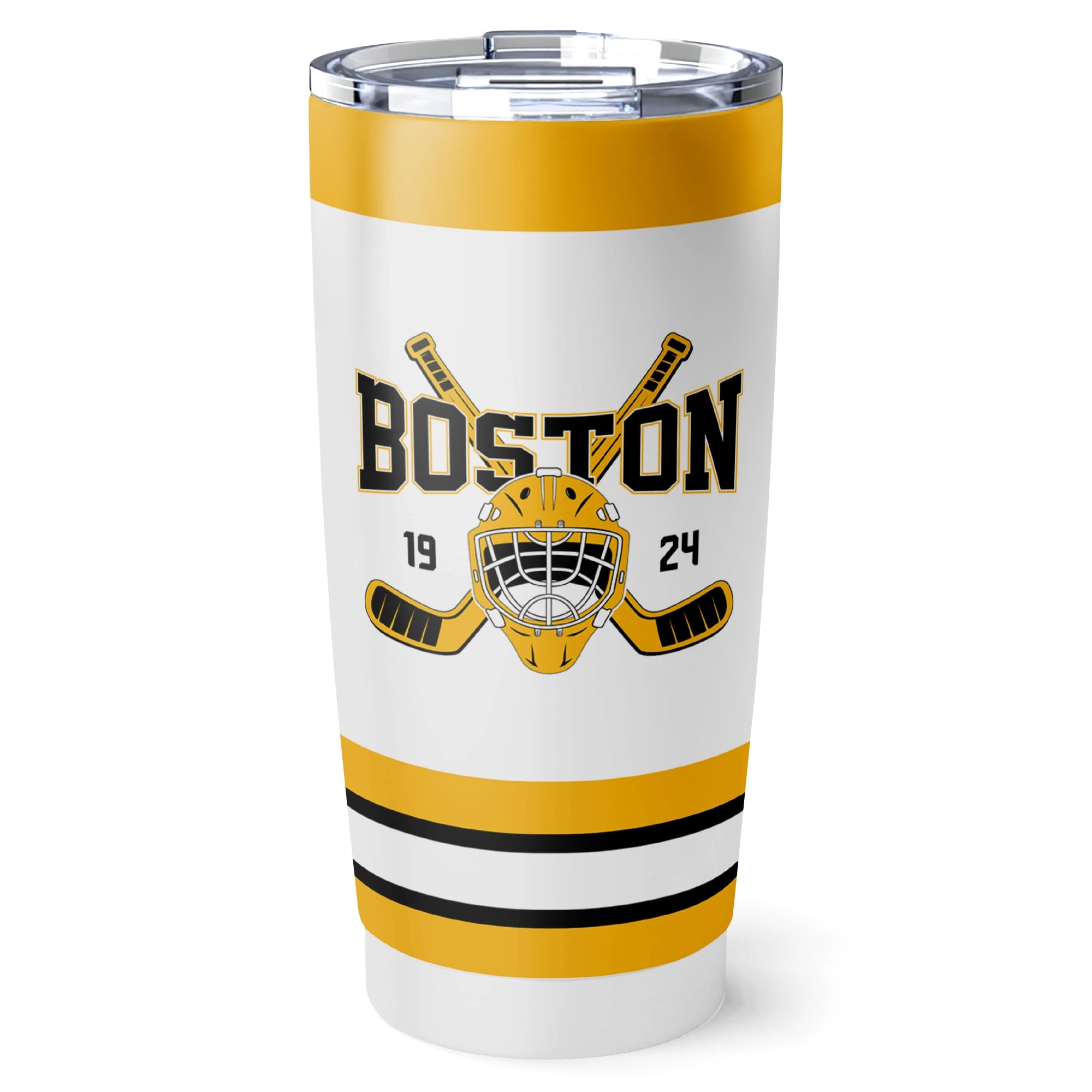 Boston hockey tumbler front design in White city-color style