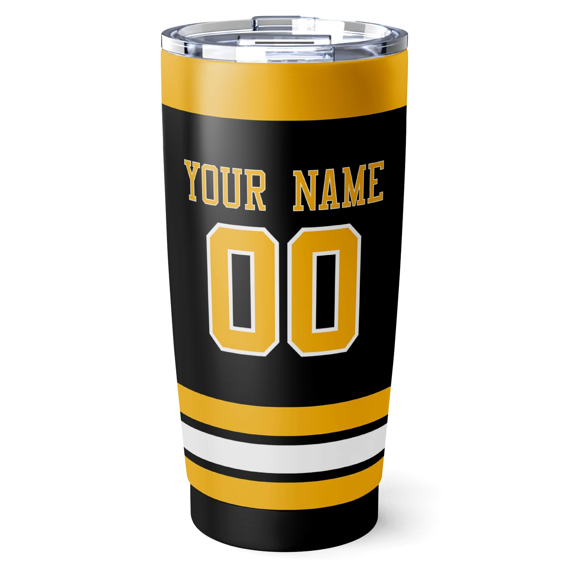 Boston hockey tumbler back design in Black city-color style with custom name and number