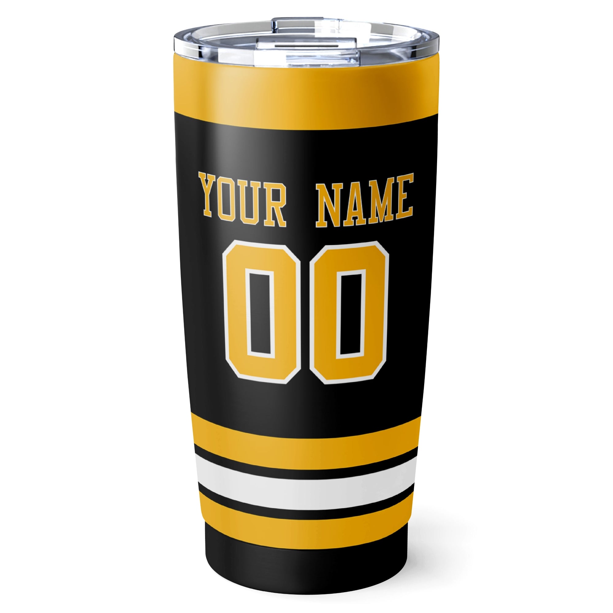 Boston hockey tumbler back design in Black city-color style with custom name and number