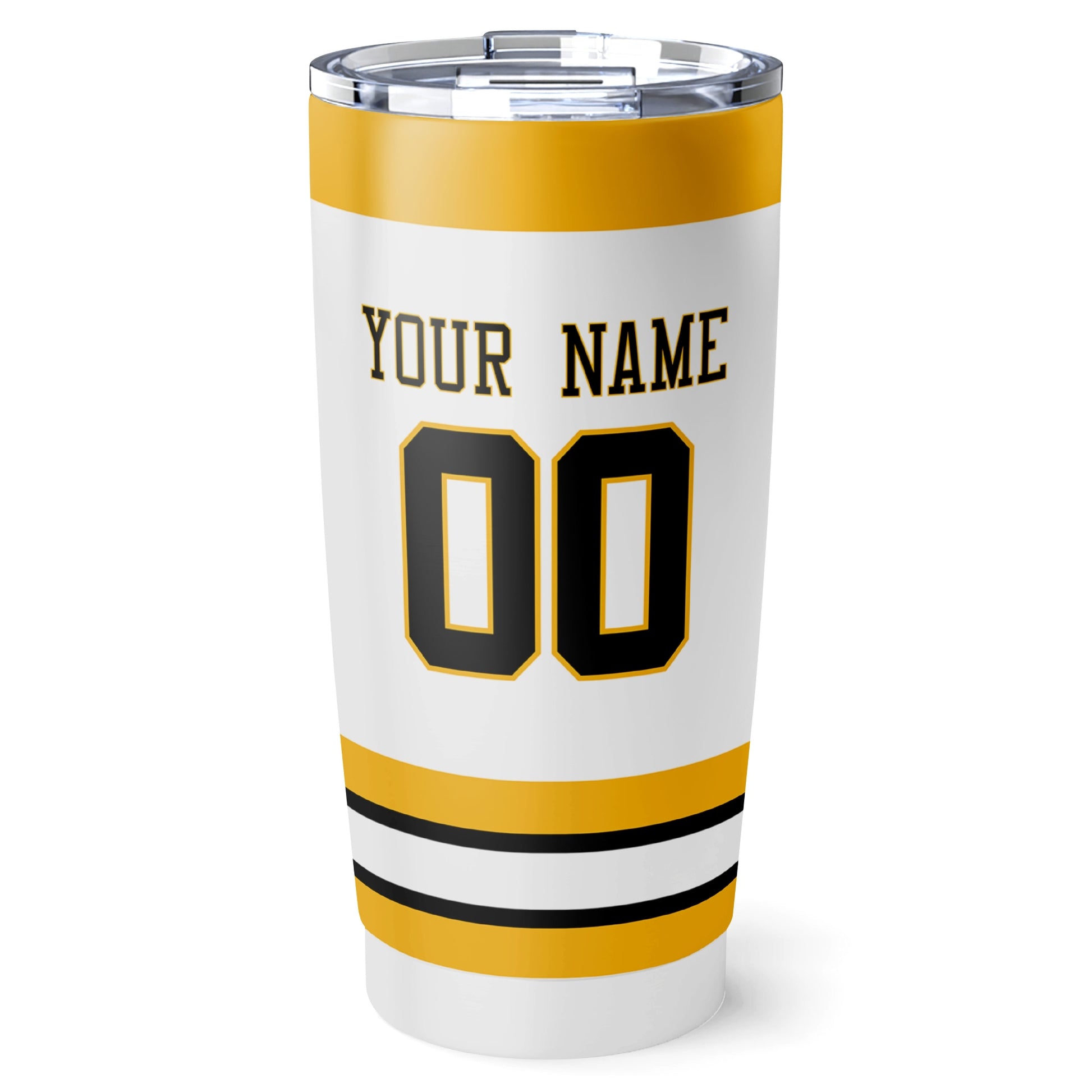 Boston hockey tumbler back design in White city-color style with custom name and number