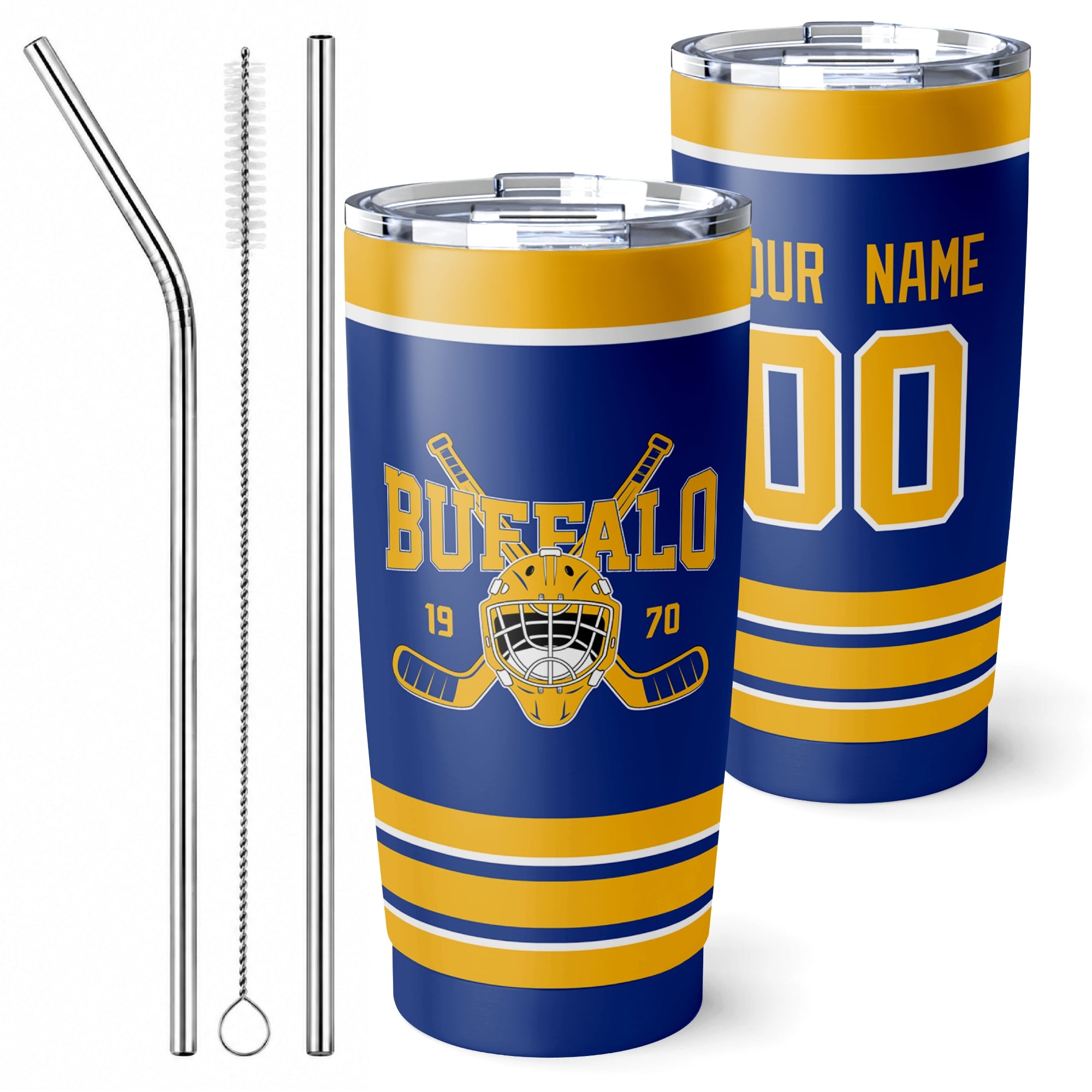 Personalized Buffalo hockey tumbler in Royal city-color style with reusable straws and cleaning brush