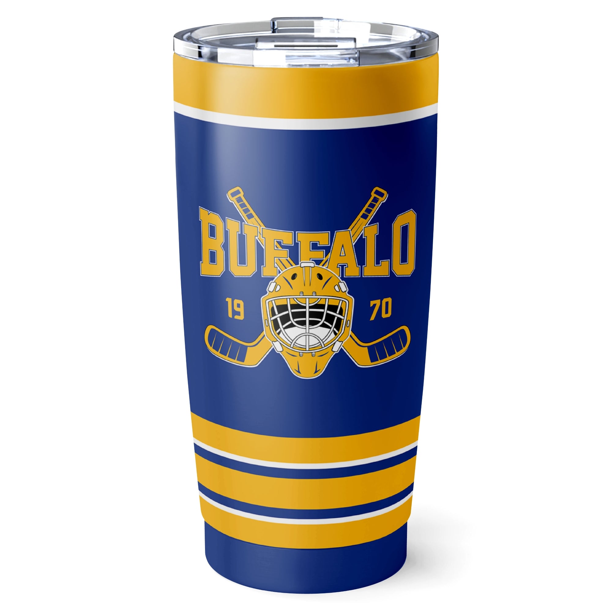 Buffalo hockey tumbler front design in Royal city-color style