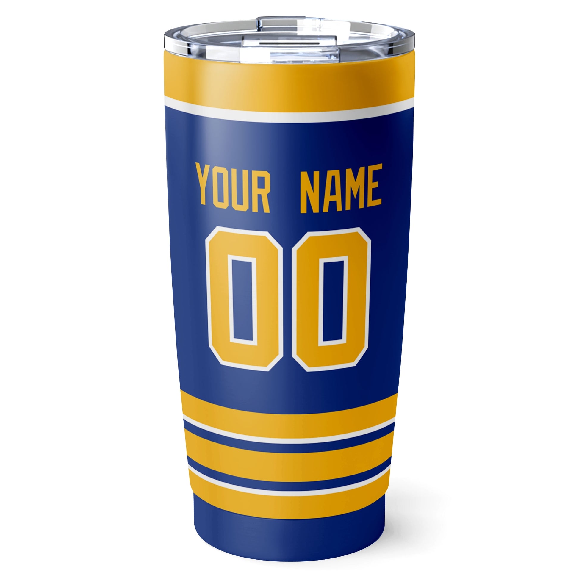Buffalo hockey tumbler back design in Royal city-color style with custom name and number