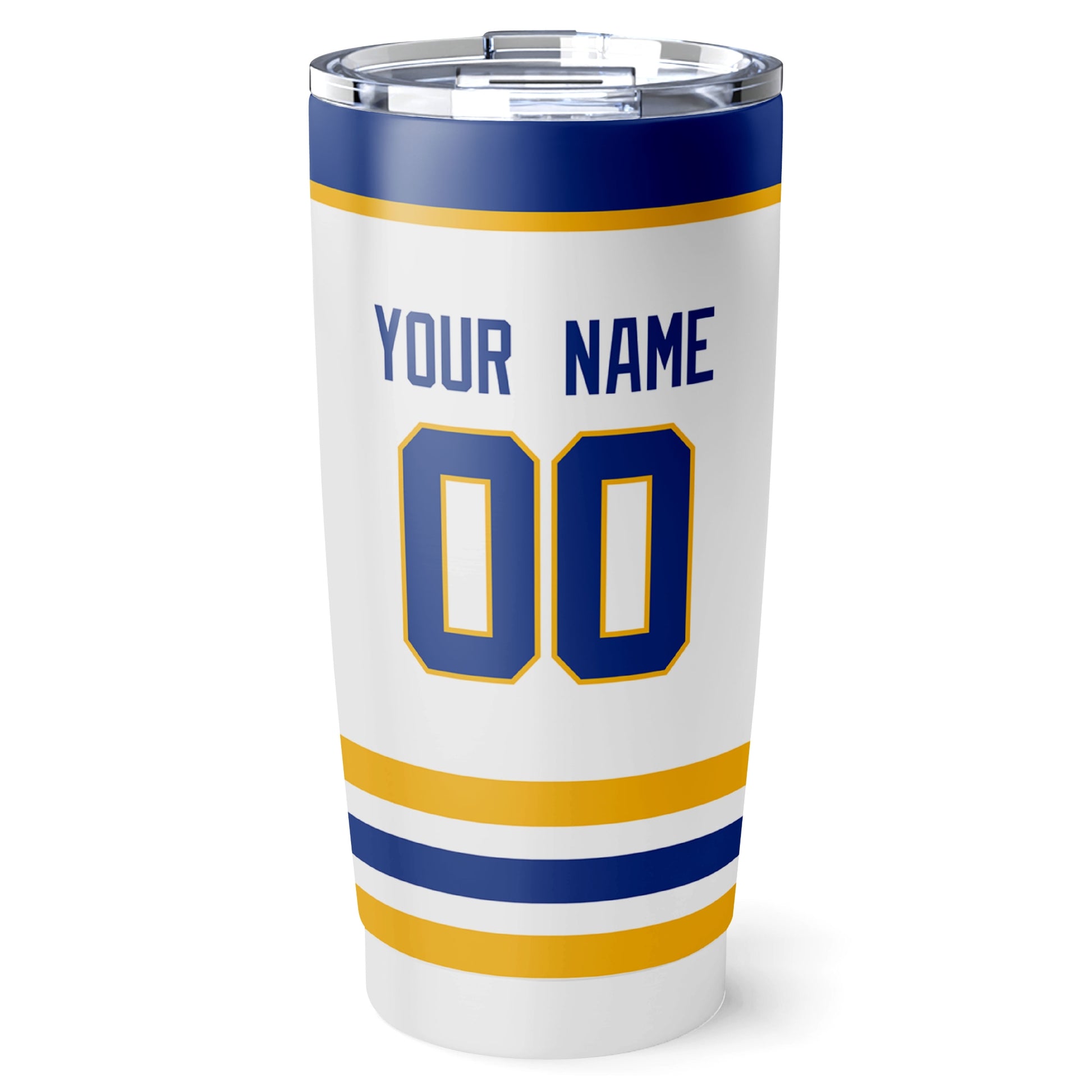 Buffalo hockey tumbler back design in White city-color style with custom name and number