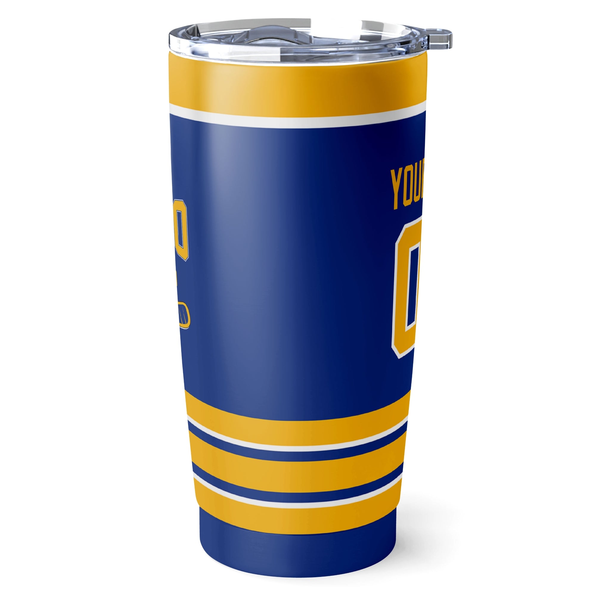 Buffalo hockey tumbler side view in Royal city-color style