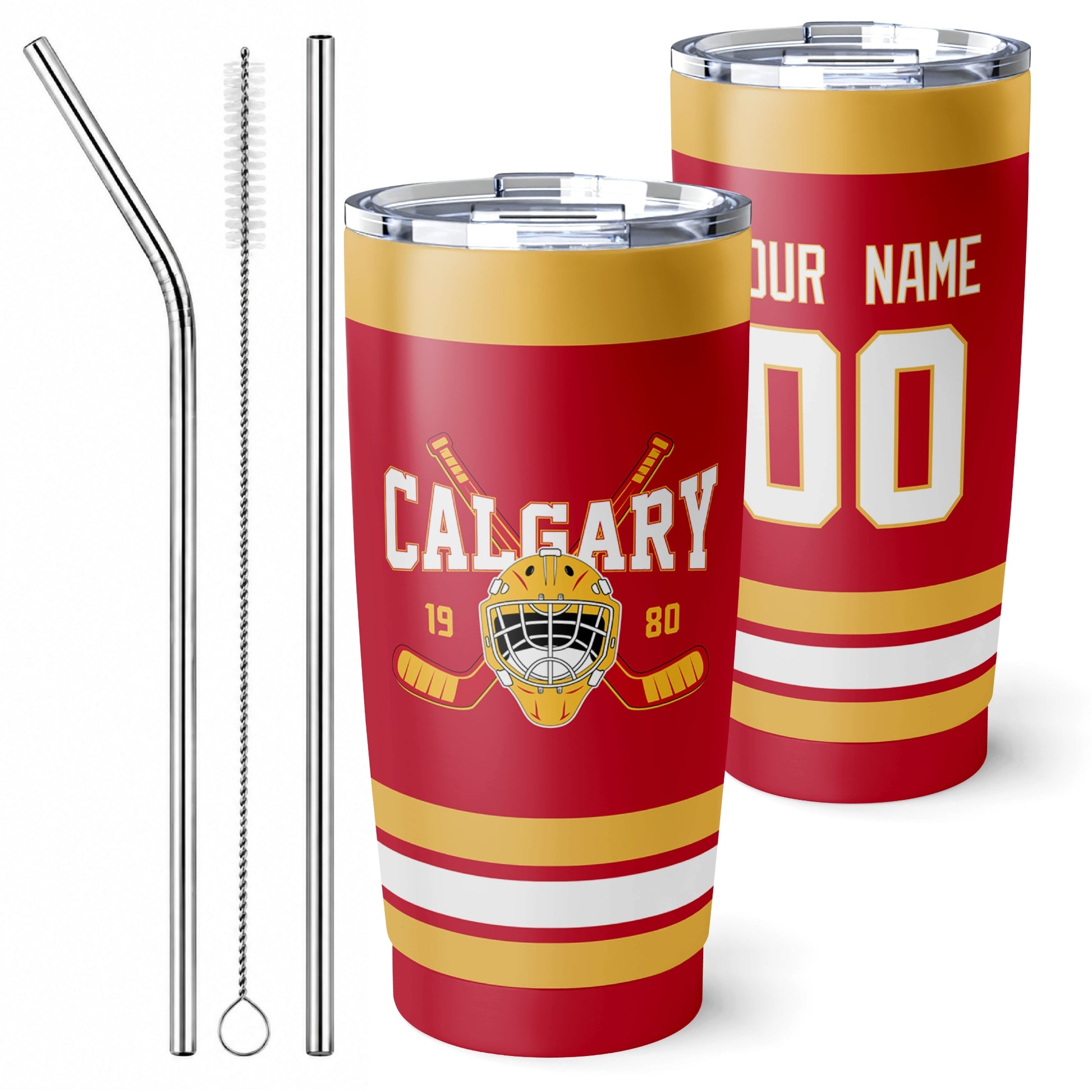 Personalized Calgary hockey tumbler in Red city-color style with reusable straws and cleaning brush