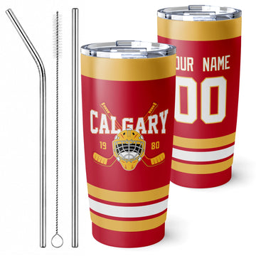Personalized Calgary hockey tumbler in Red city-color style with reusable straws and cleaning brush