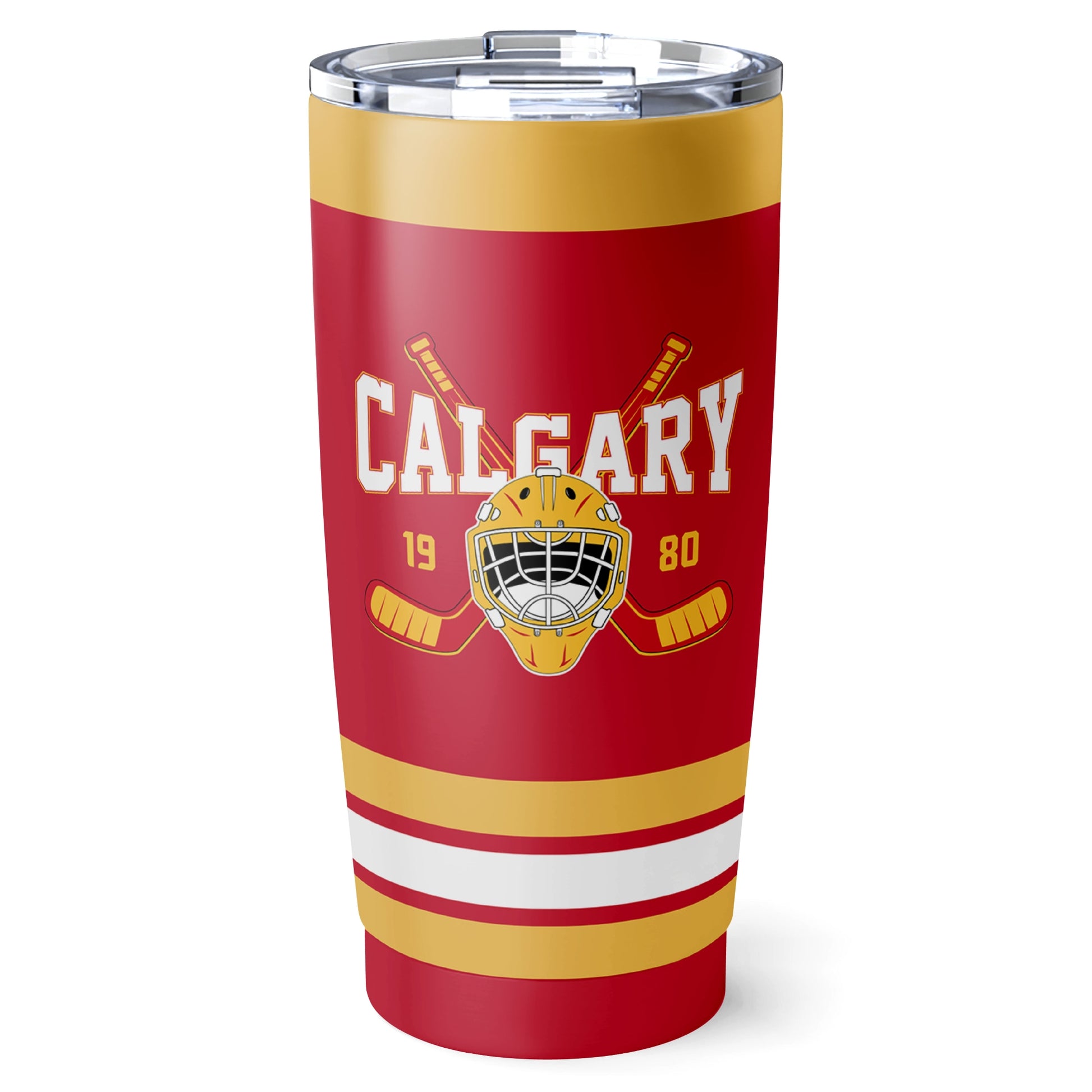 Calgary hockey tumbler front design in Red city-color style