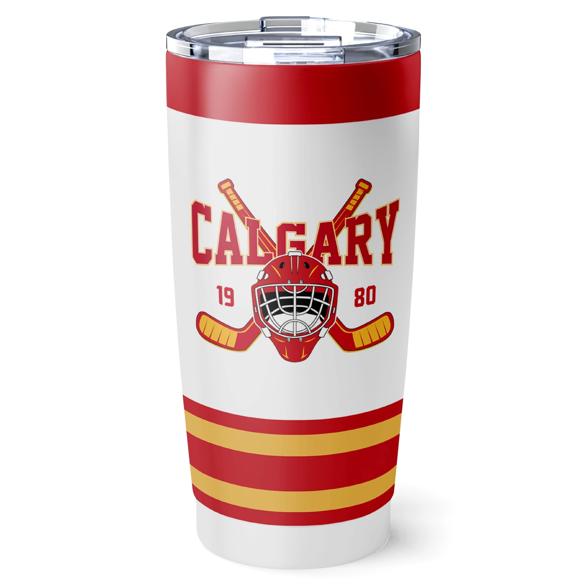 Calgary hockey tumbler front design in White city-color style