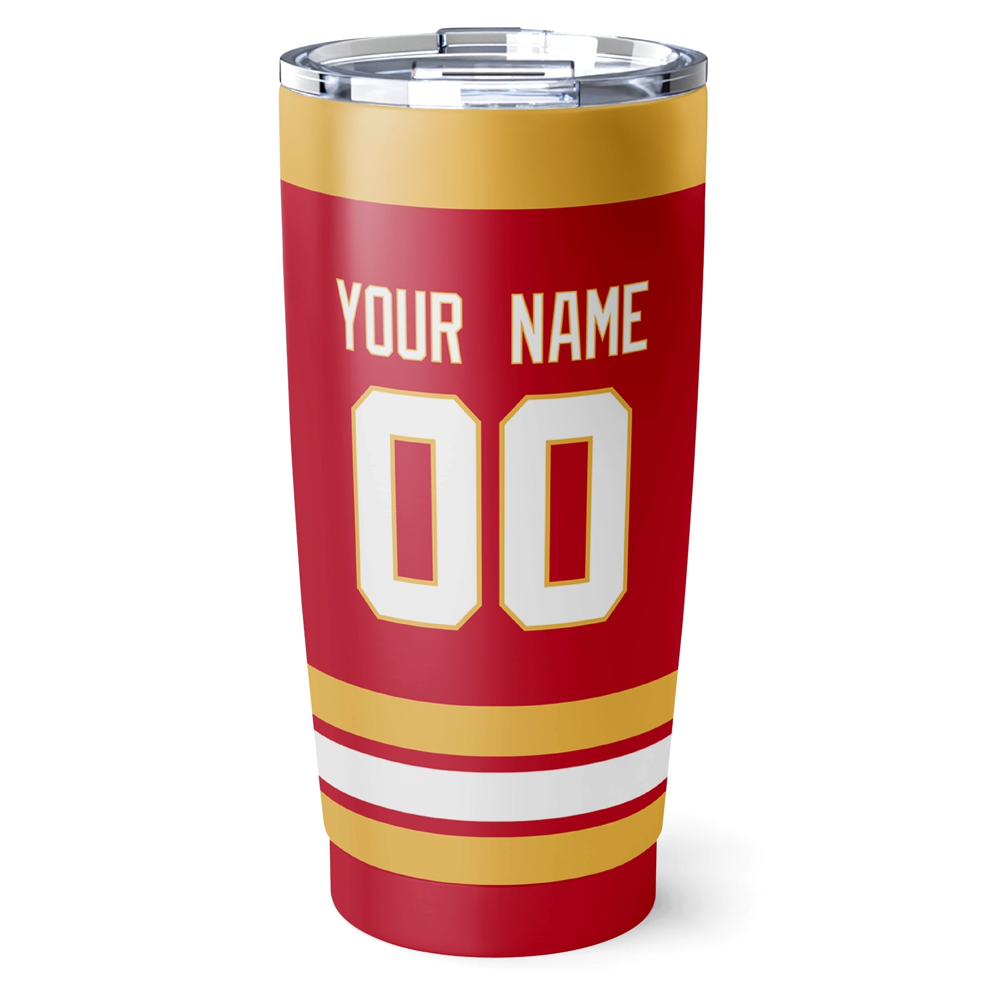 Calgary hockey tumbler back design in Red city-color style with custom name and number