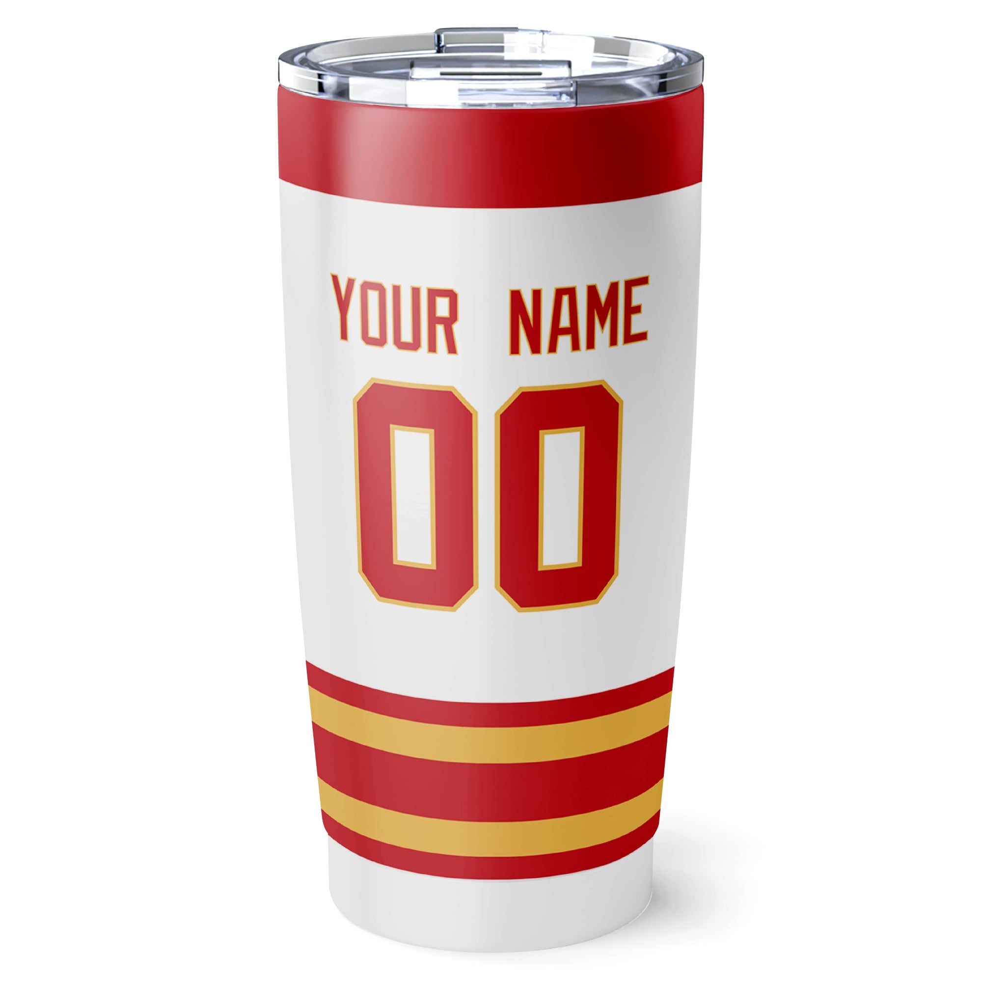 Calgary hockey tumbler back design in White city-color style with custom name and number