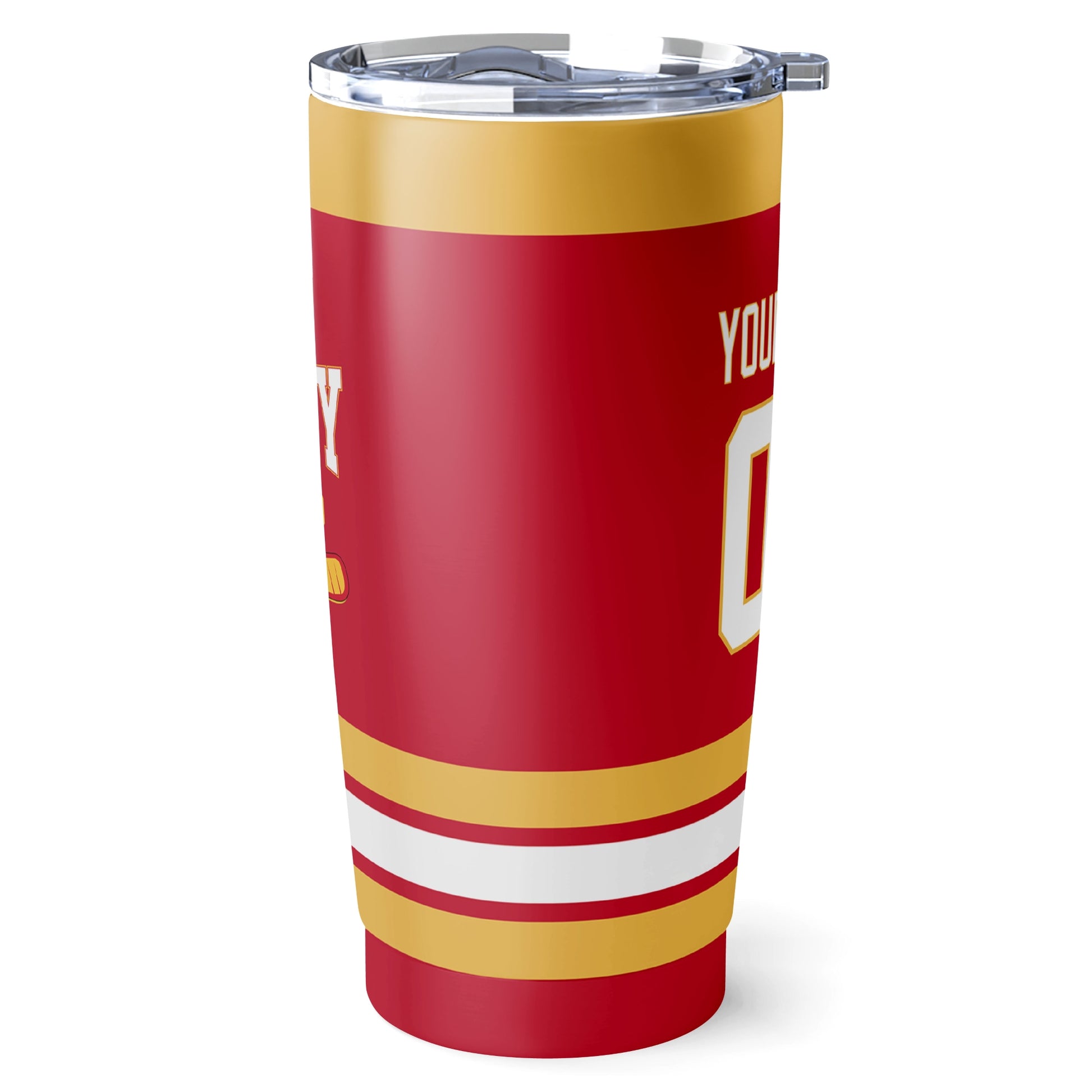 Calgary hockey tumbler side view in Red city-color style