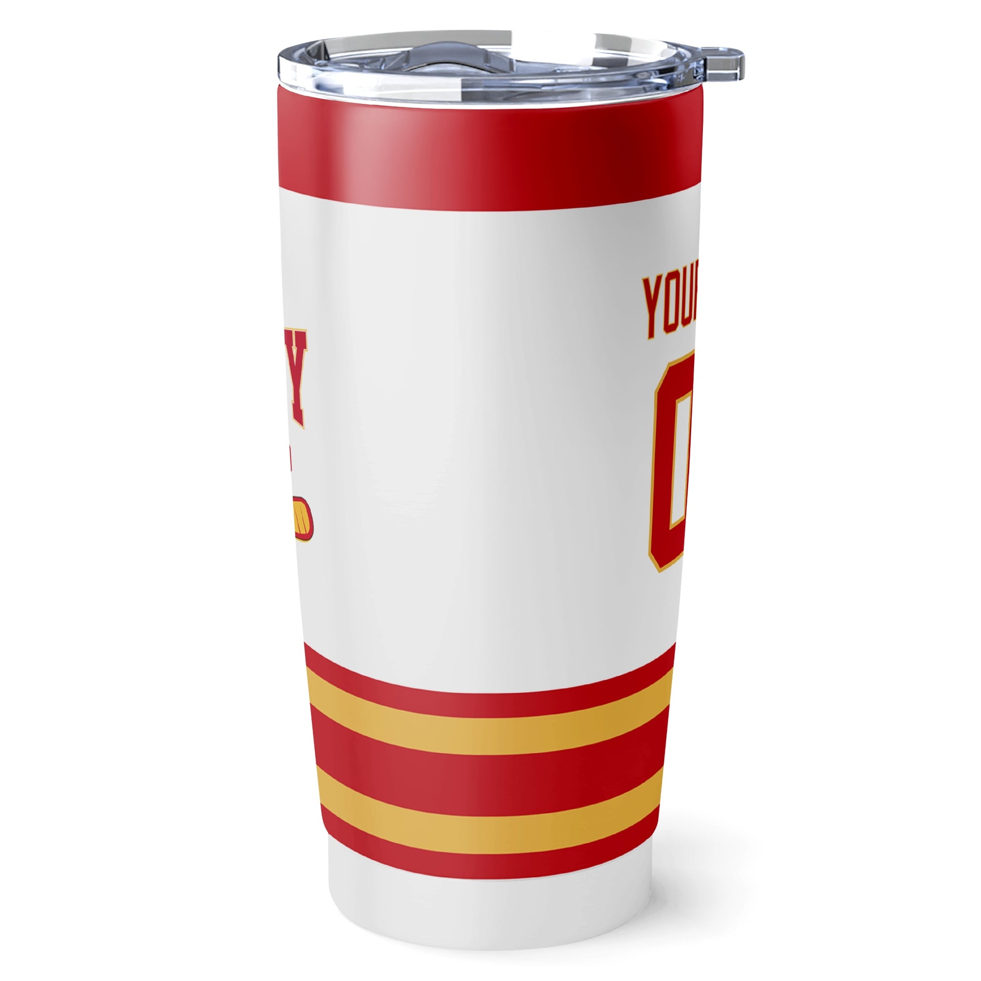 Calgary hockey tumbler side view in White city-color style