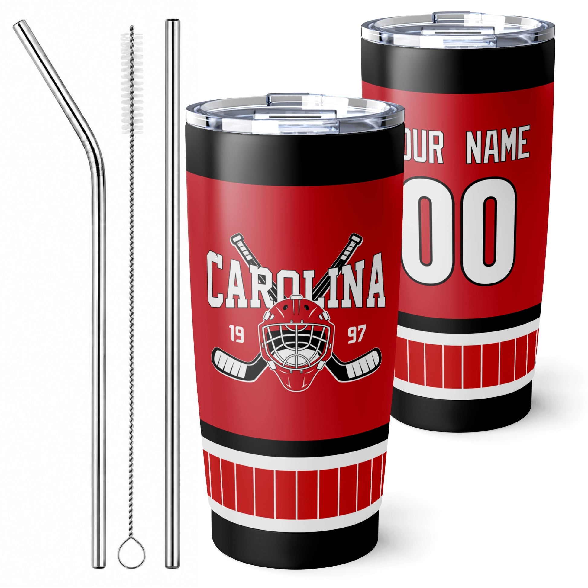 Personalized Carolina hockey tumbler in Red city-color style with reusable straws and cleaning brush