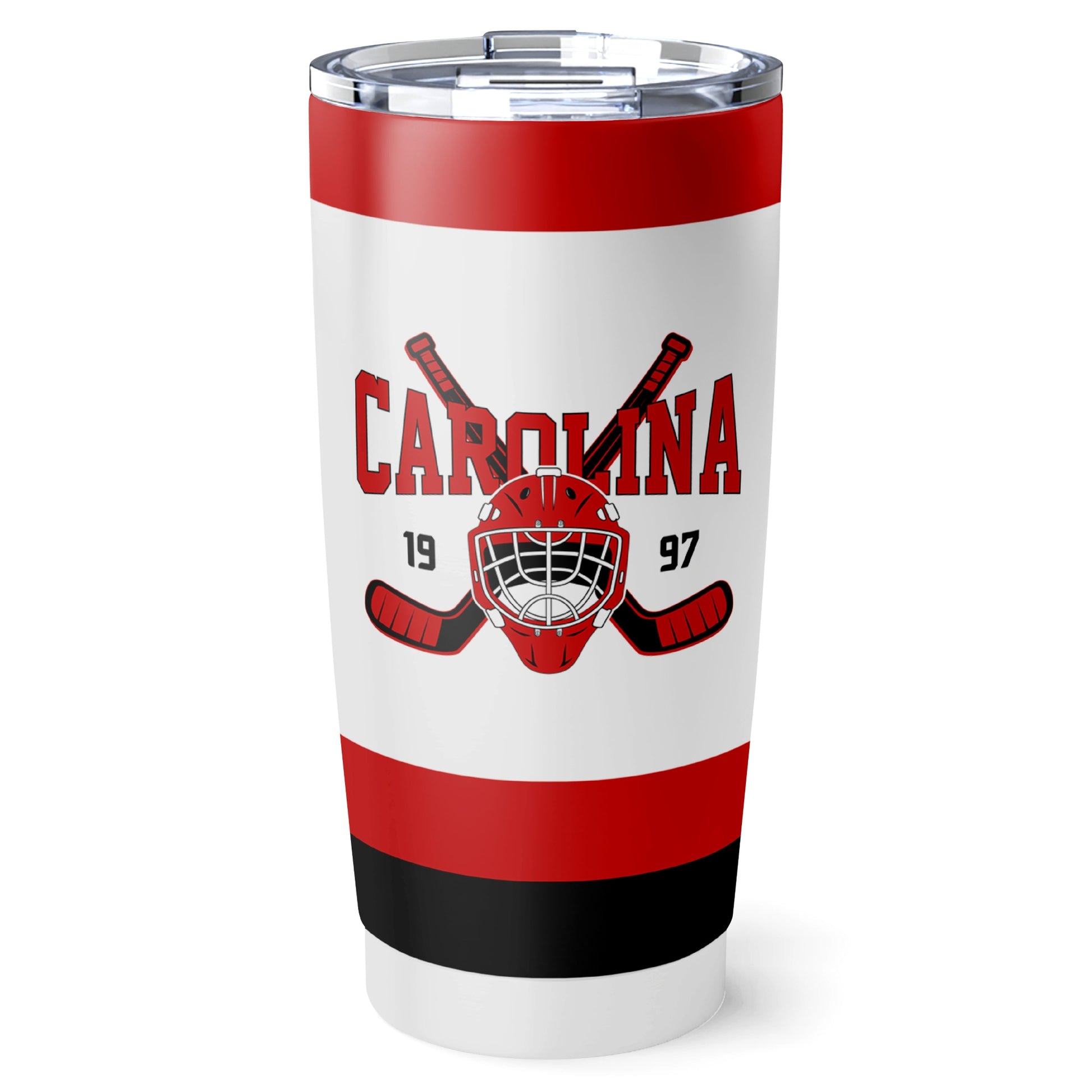 Carolina hockey tumbler front design in White city-color style