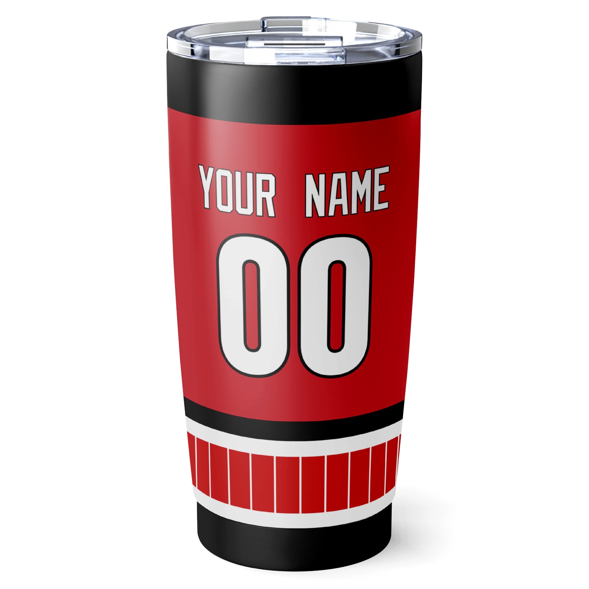 Carolina hockey tumbler back design in Red city-color style with custom name and number