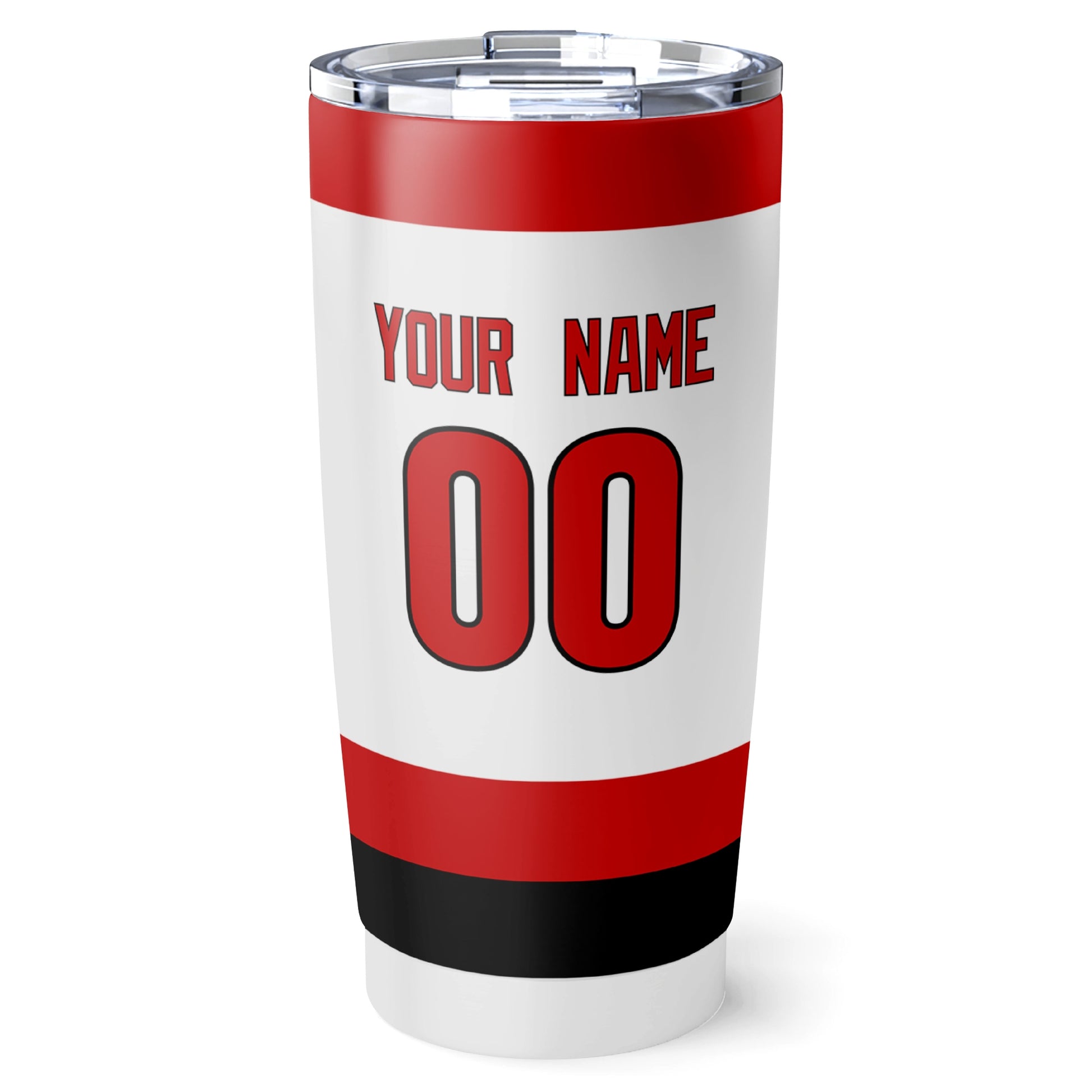 Carolina hockey tumbler back design in White city-color style with custom name and number