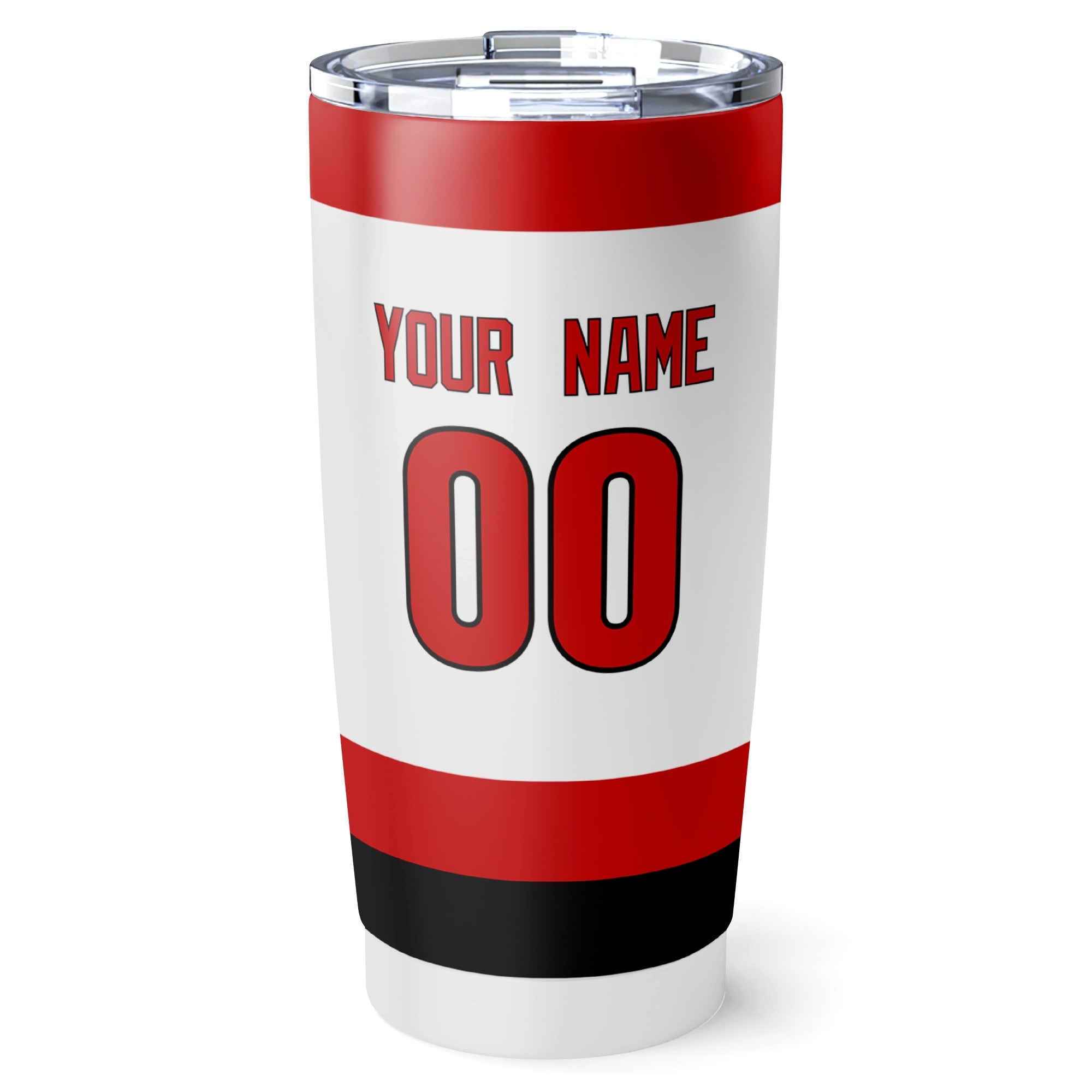 Carolina hockey tumbler back design in White city-color style with custom name and number