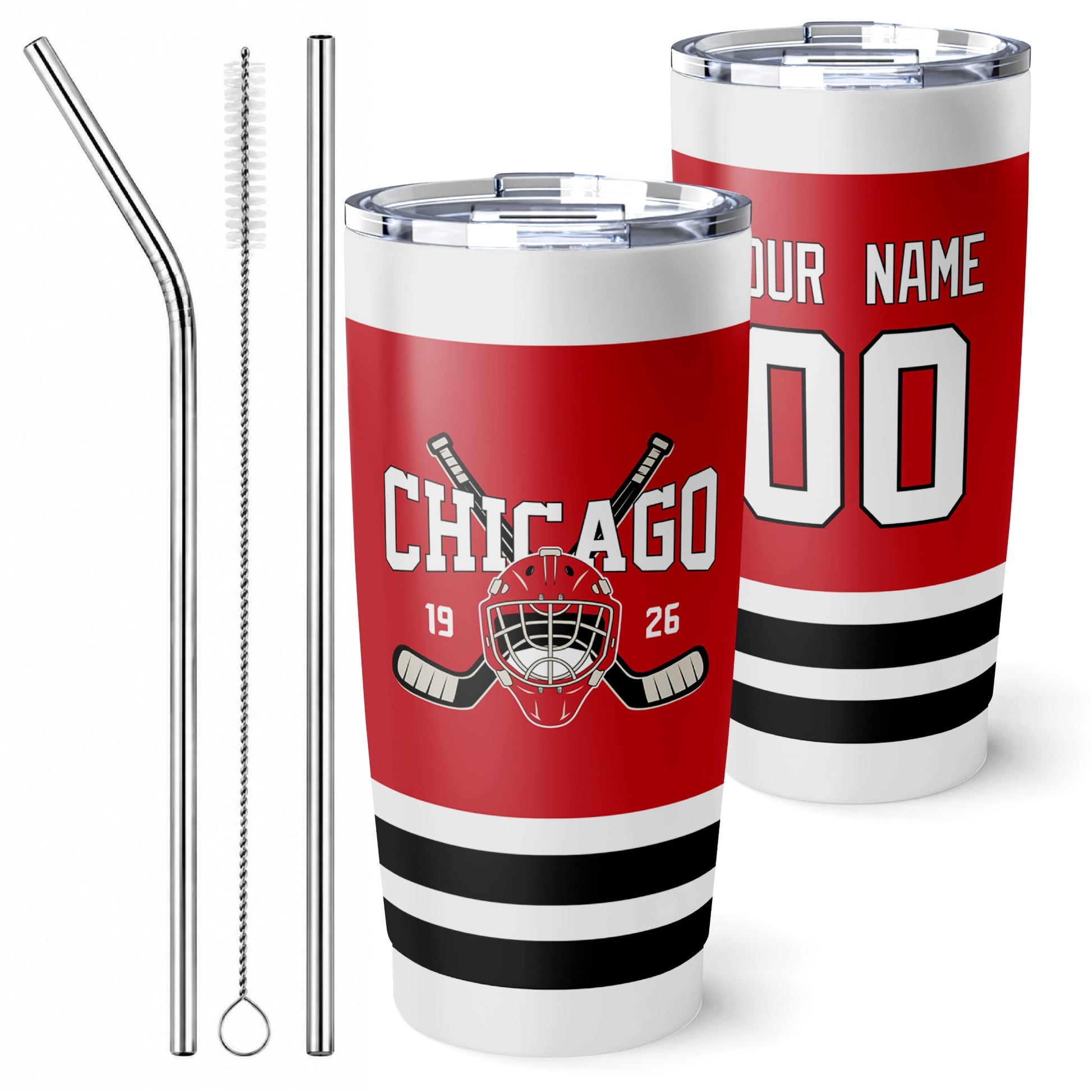 Personalized Chicago hockey tumbler in Red city-color style with reusable straws and cleaning brush