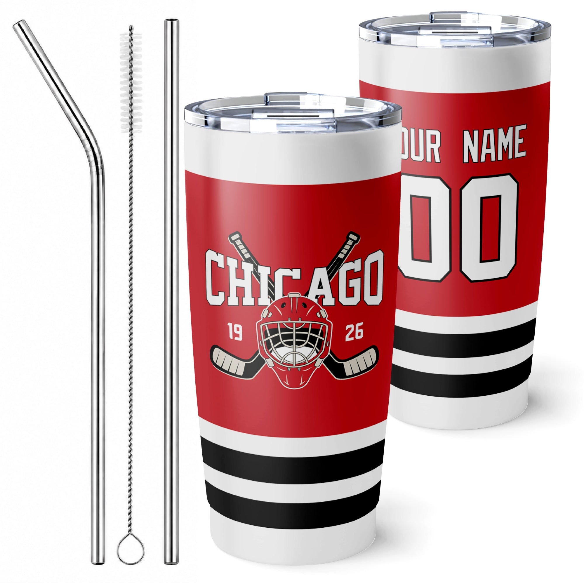 Personalized Chicago hockey tumbler in Red city-color style with reusable straws and cleaning brush