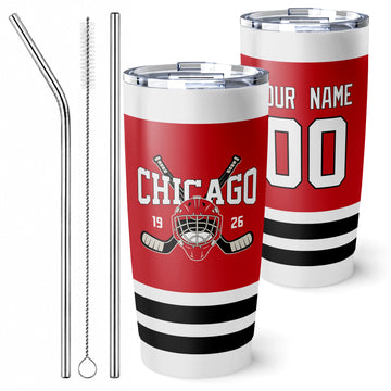 Personalized Chicago hockey tumbler in Red city-color style with reusable straws and cleaning brush