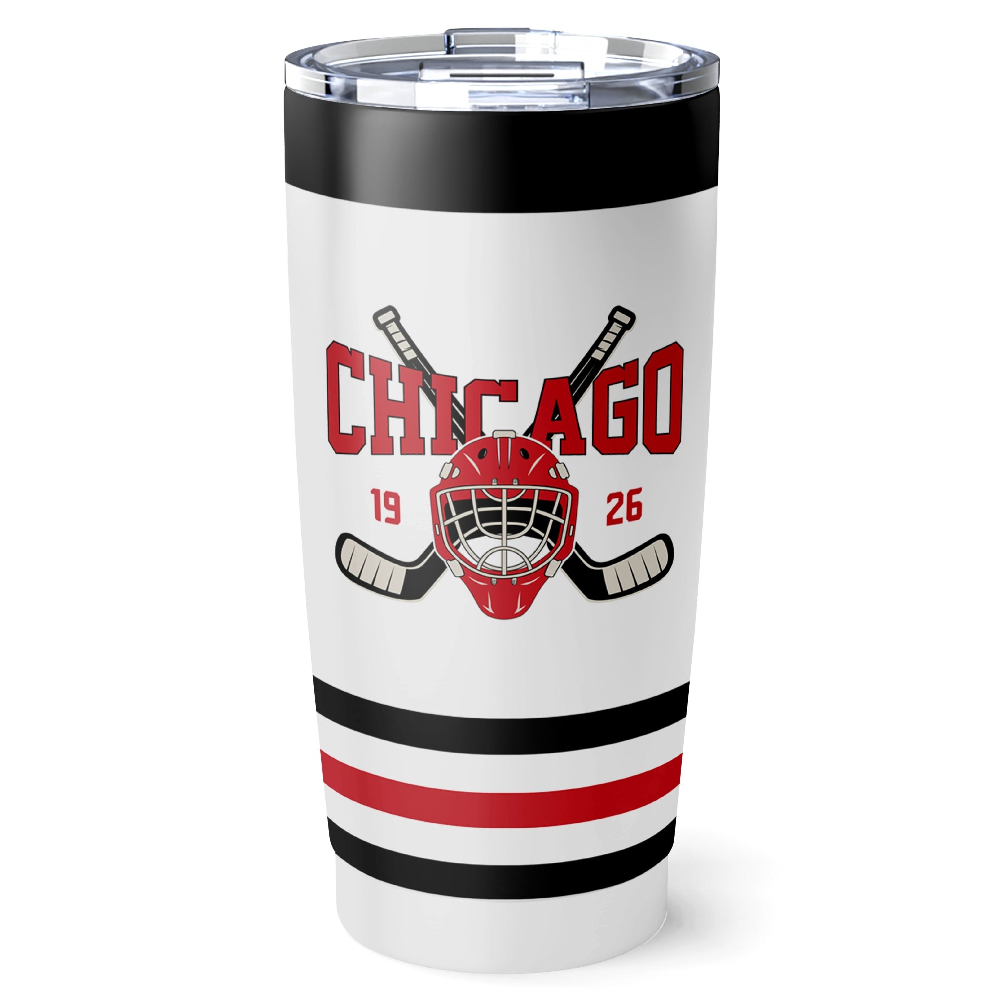 Chicago hockey tumbler front design in White city-color style