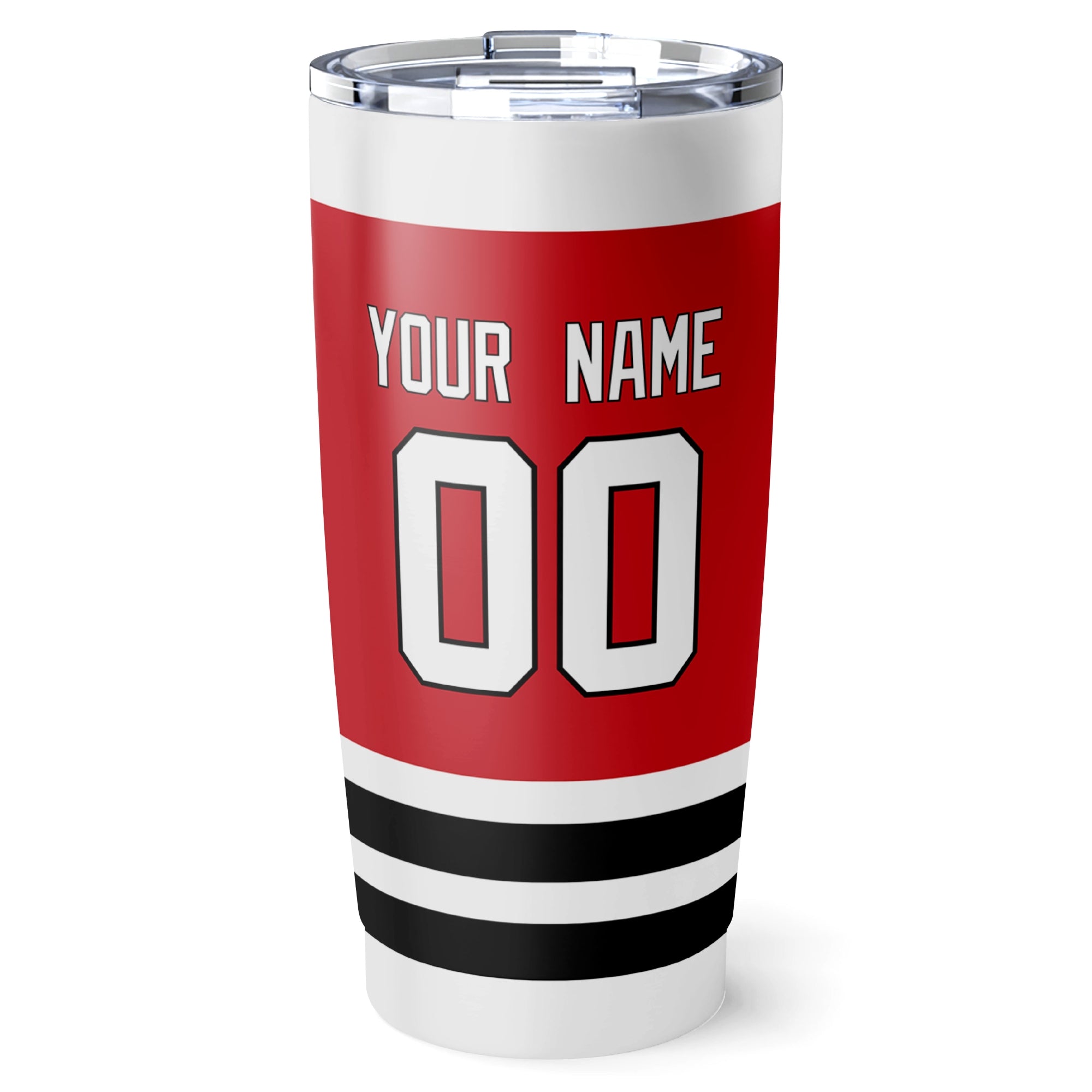Chicago hockey tumbler back design in Red city-color style with custom name and number