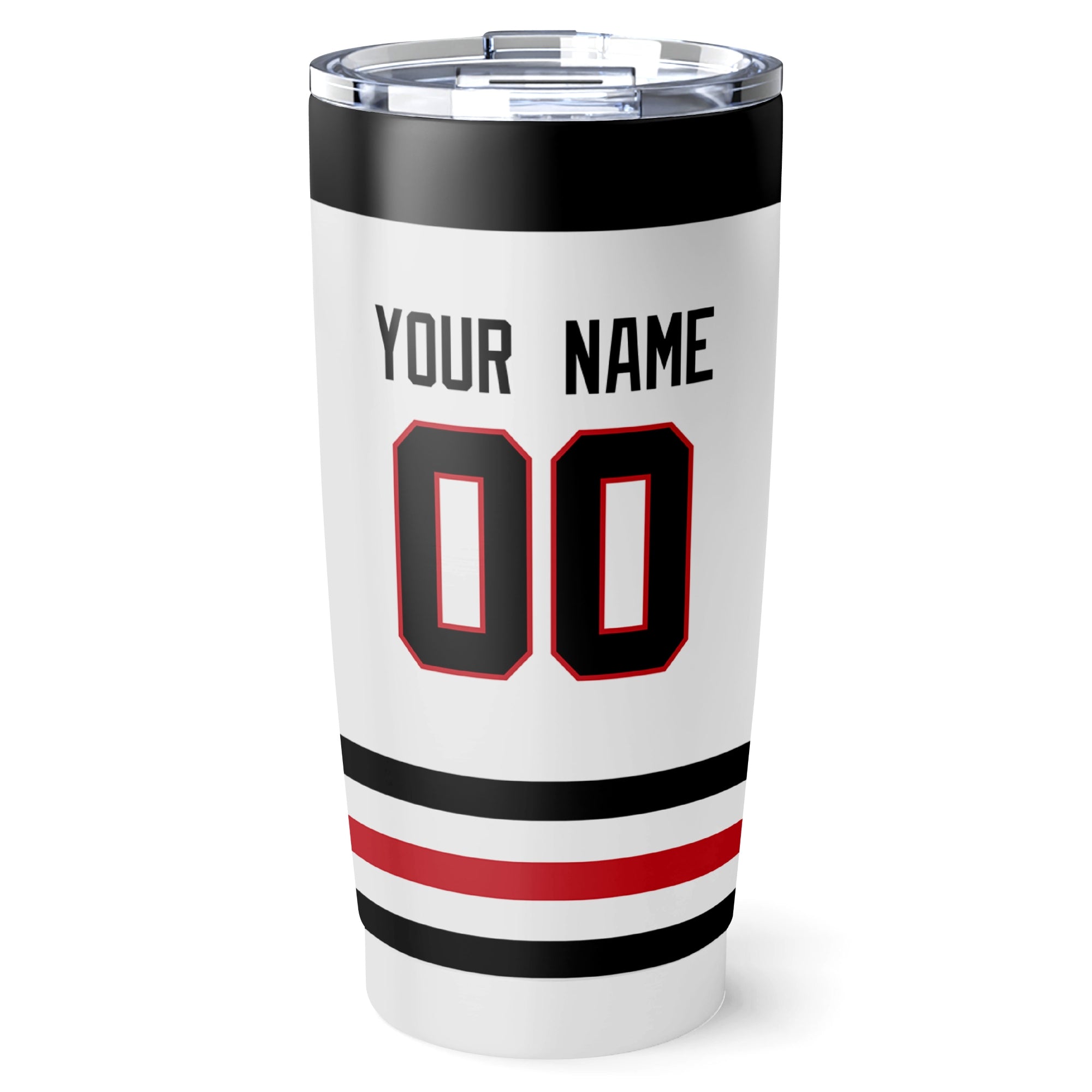 Chicago hockey tumbler back design in White city-color style with custom name and number