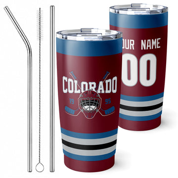 Personalized Colorado hockey tumbler in Burgundy city-color style with reusable straws and cleaning brush