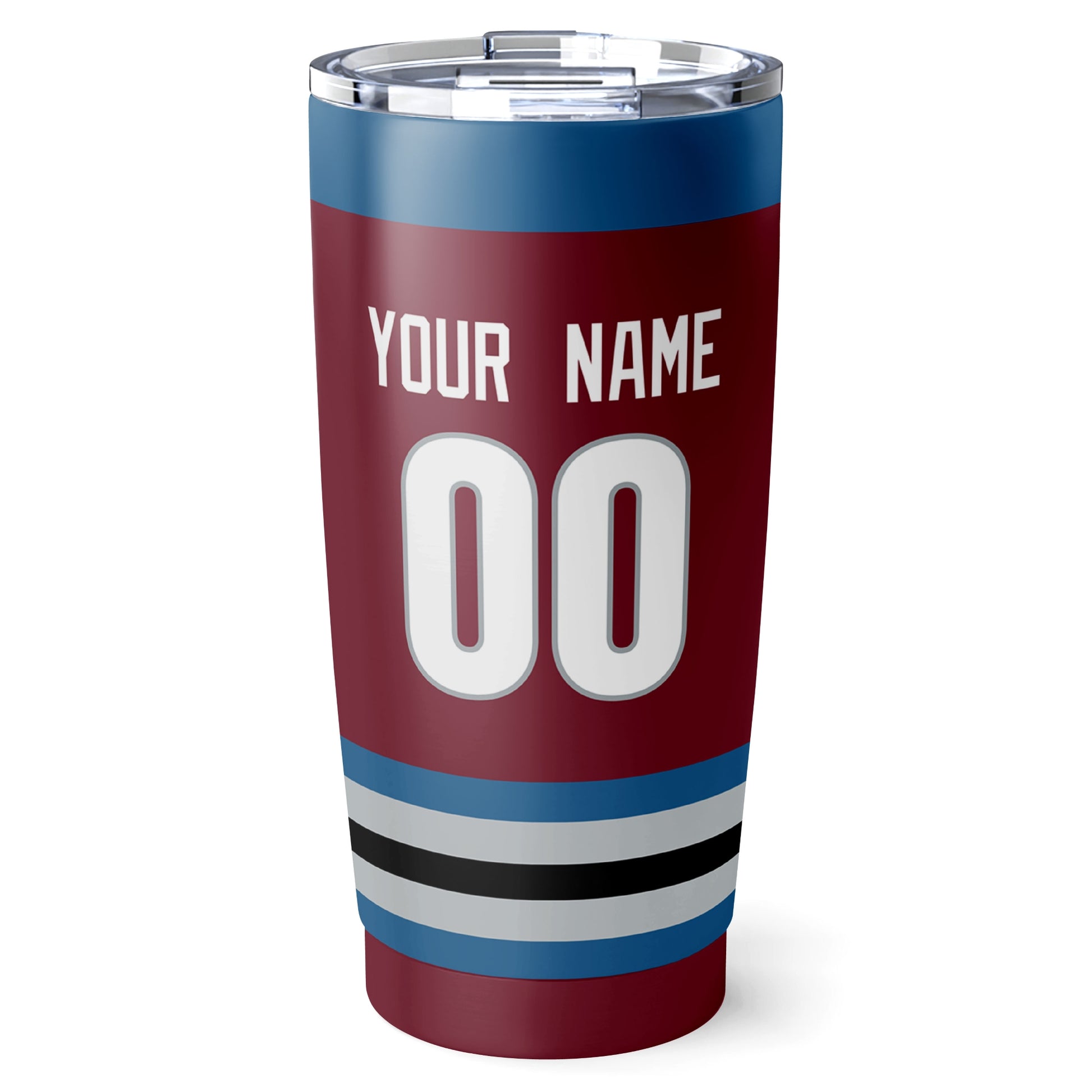 Colorado hockey tumbler back design in Burgundy city-color style with custom name and number