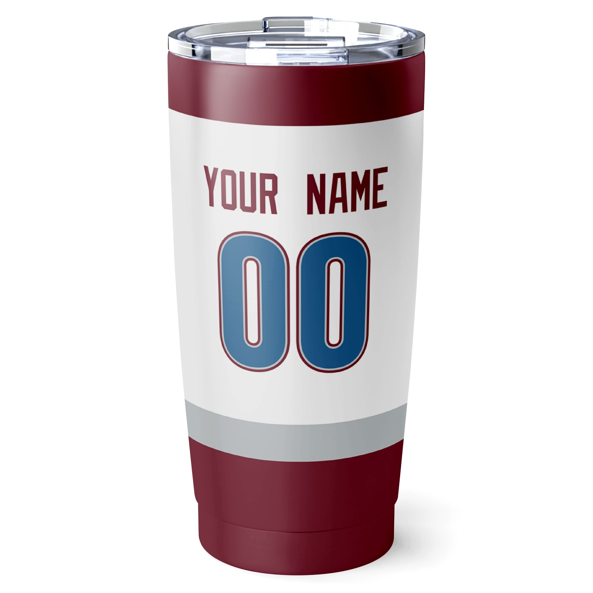 Colorado hockey tumbler back design in White city-color style with custom name and number