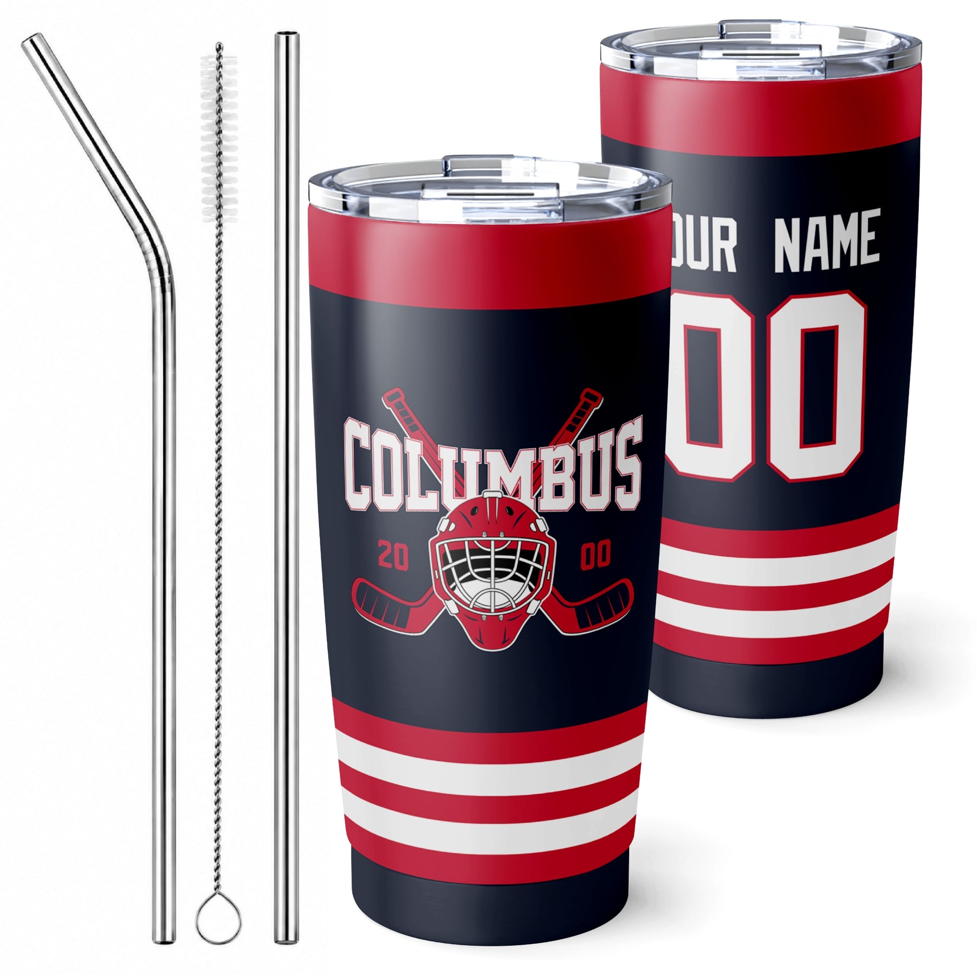 Personalized Columbus hockey tumbler in Navy city-color style with reusable straws and cleaning brush