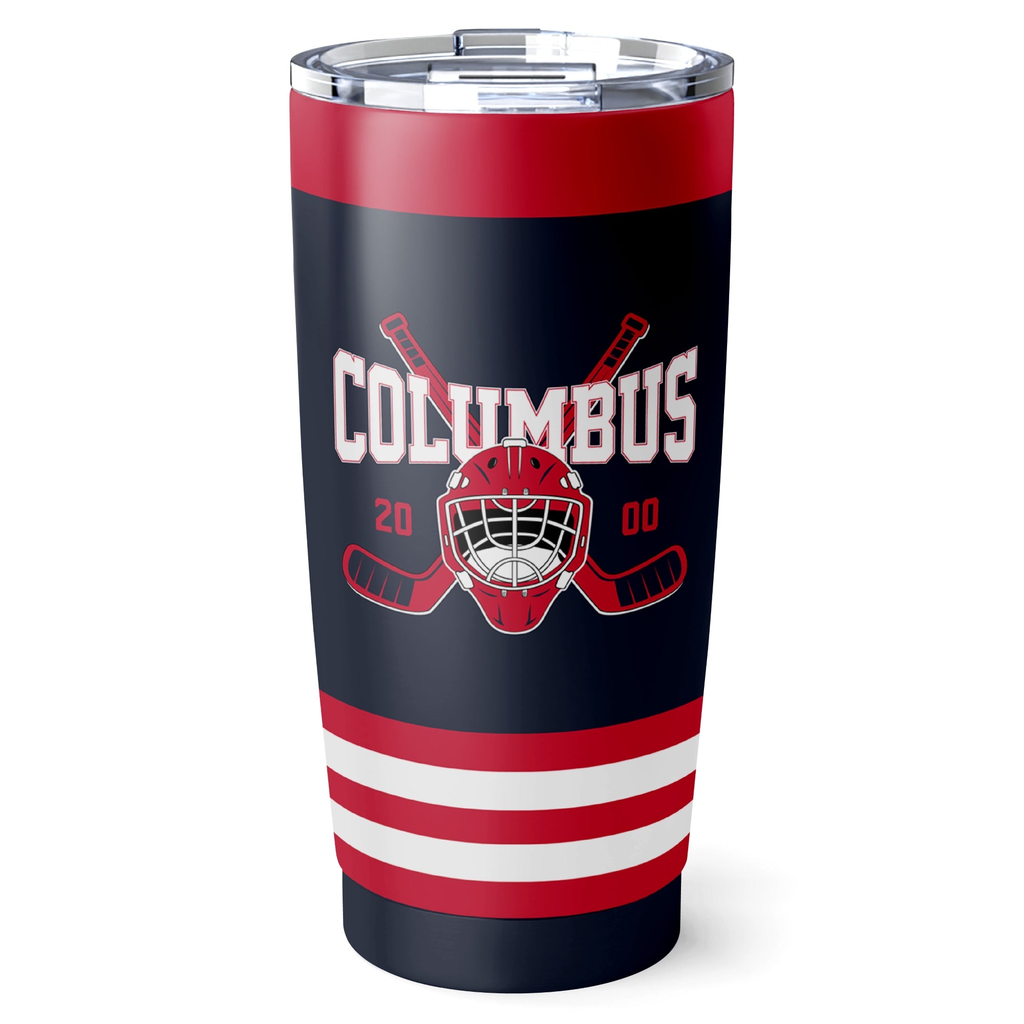 Columbus hockey tumbler front design in Navy city-color style