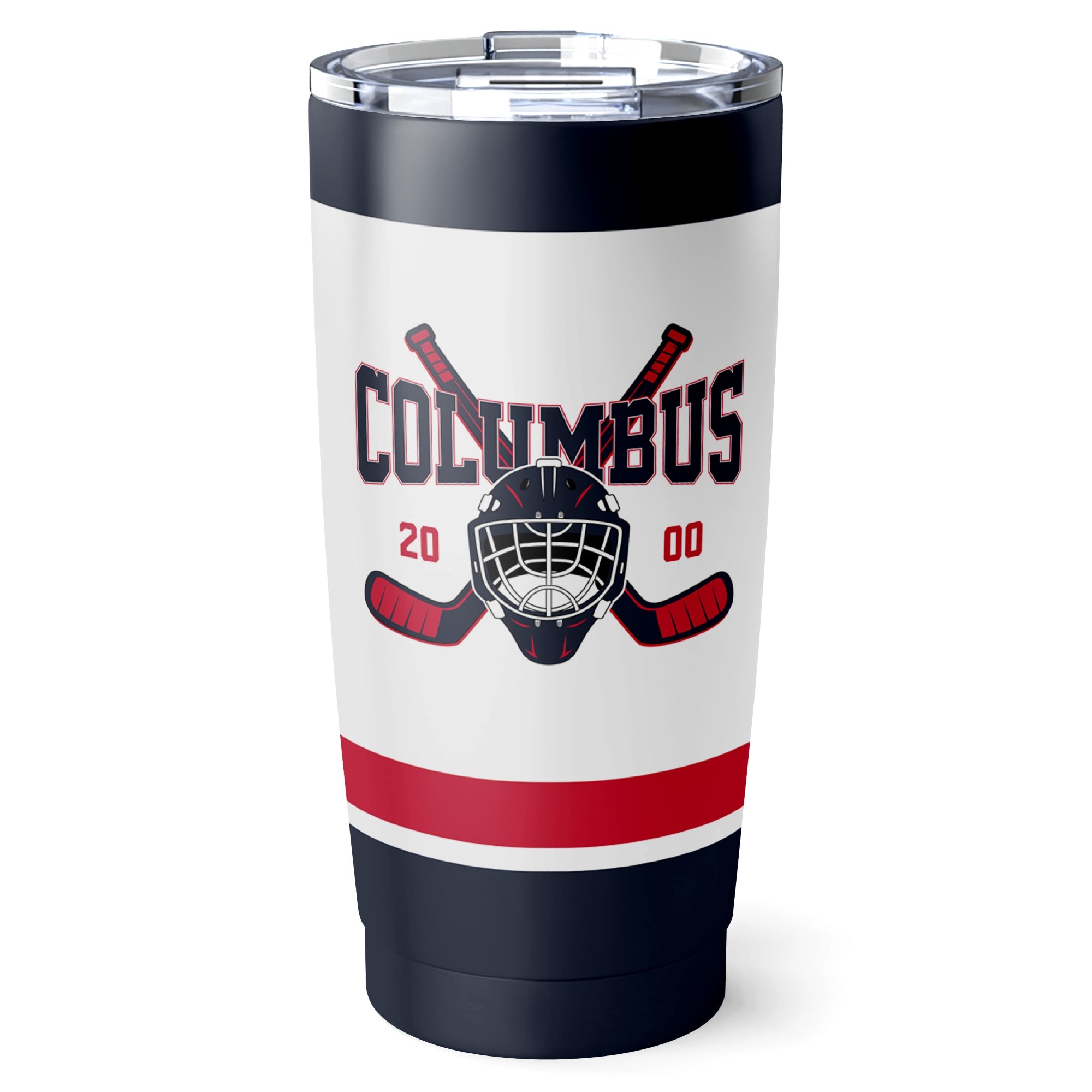 Columbus hockey tumbler front design in White city-color style