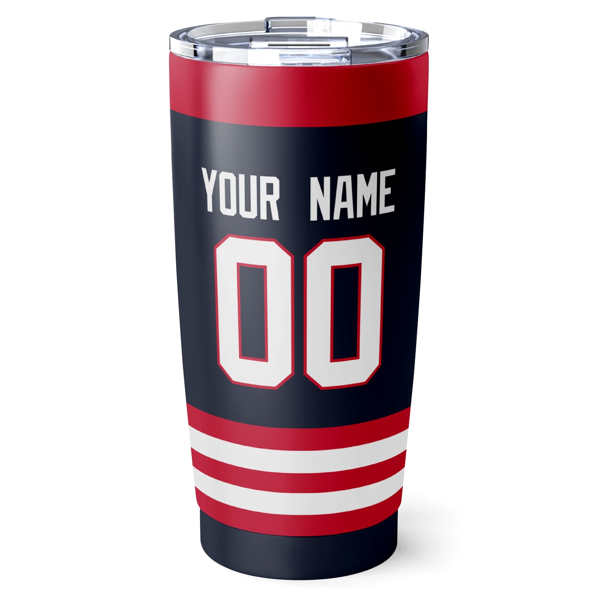 Columbus hockey tumbler back design in Navy city-color style with custom name and number
