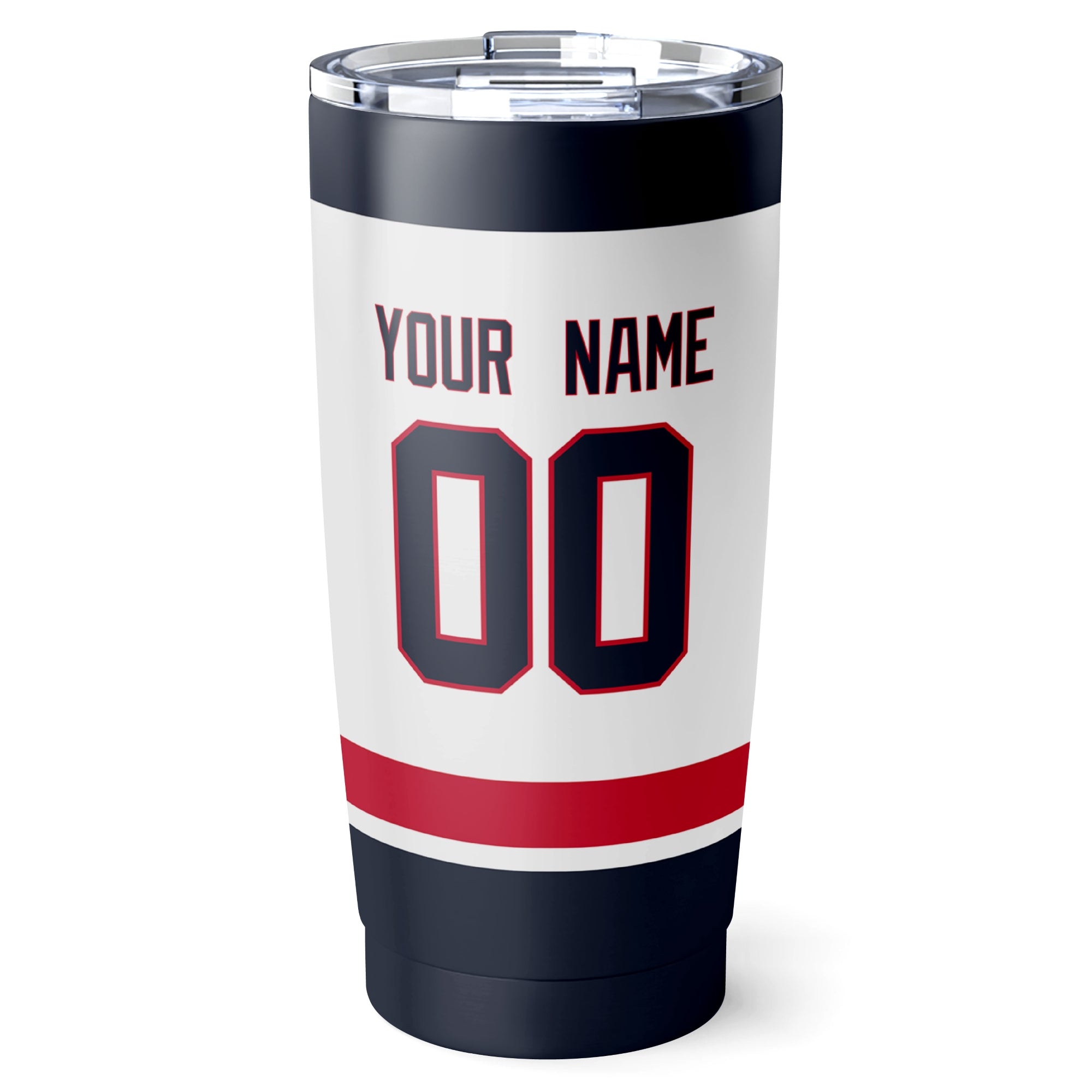 Columbus hockey tumbler back design in White city-color style with custom name and number